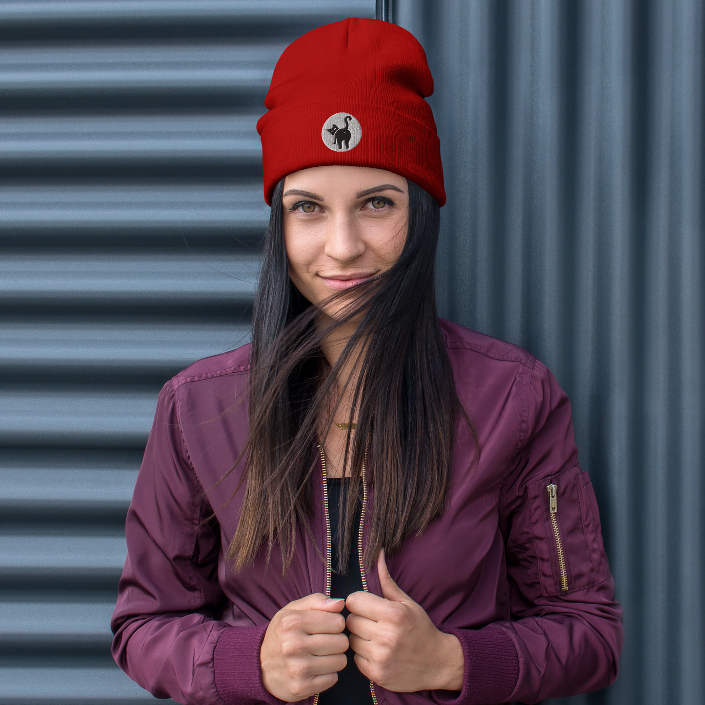 Girl in jacket and Cat But Beanie - red