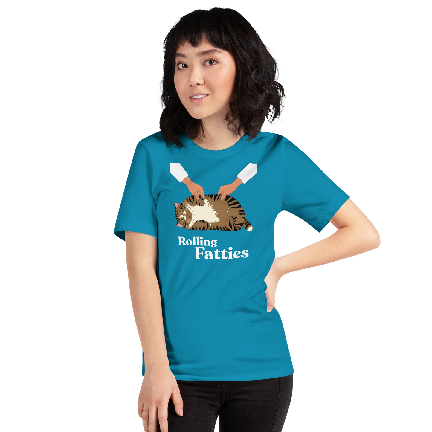 Person wearing a blue t-shirt with 'Rolling Fatties' graphic design on a white background - aqua