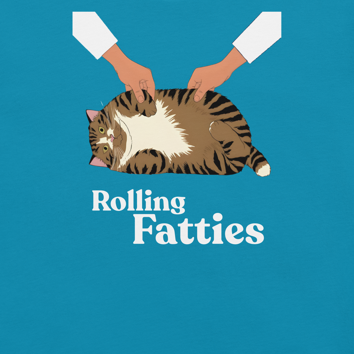 Illustration of a cat being held by two hands with 'Rolling Fatties' text on a blue background - aqua