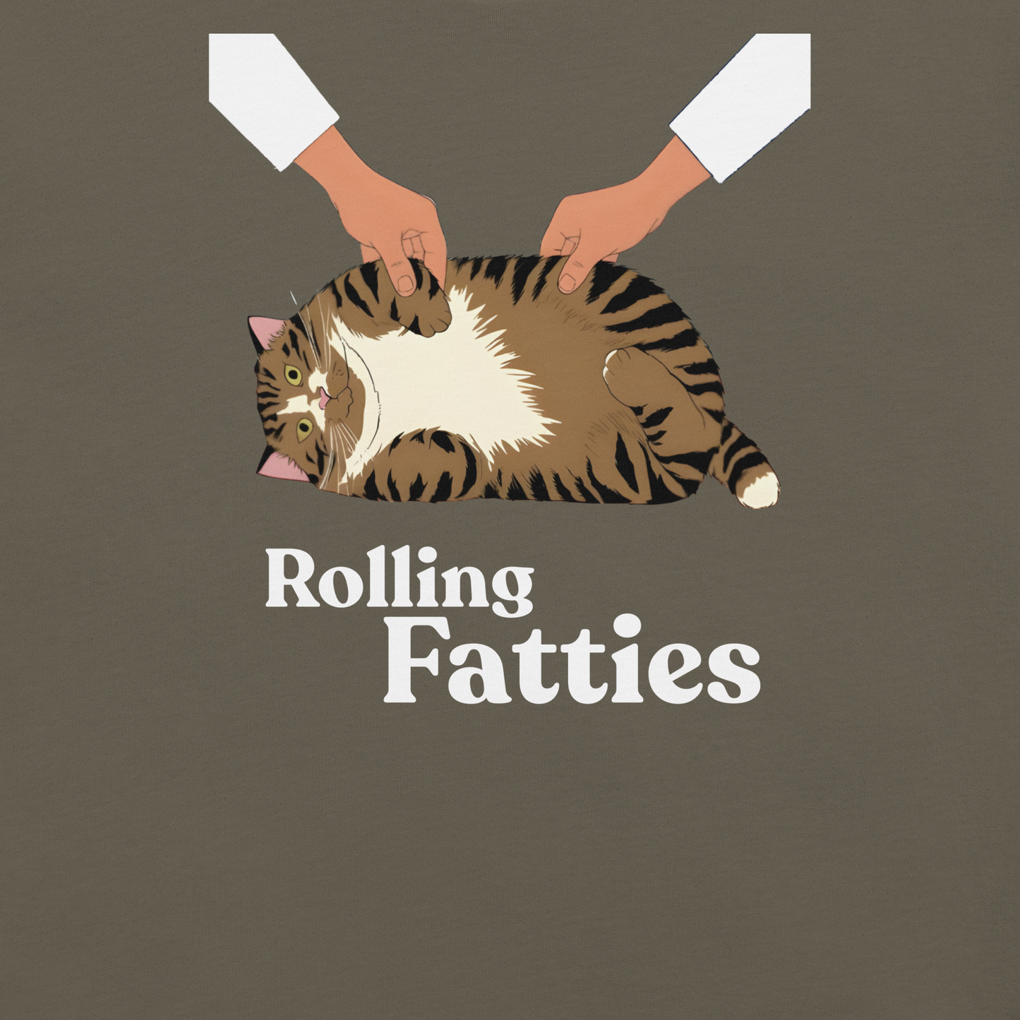 Illustration of a cat being held by two hands with 'Rolling Fatties' text on a brown background - army