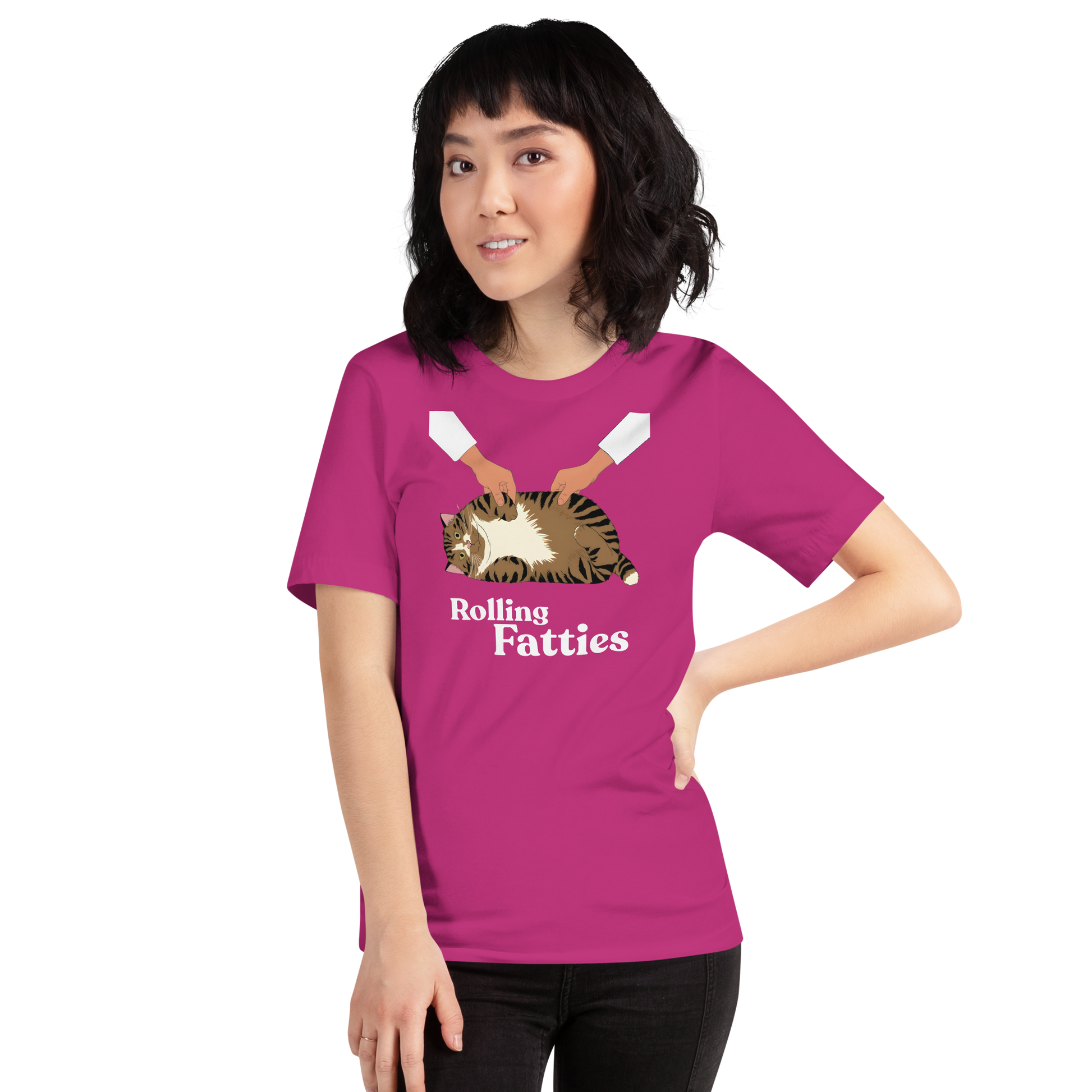 Person wearing a pink t-shirt with 'Rolling Fatties' graphic design on a white background - berry