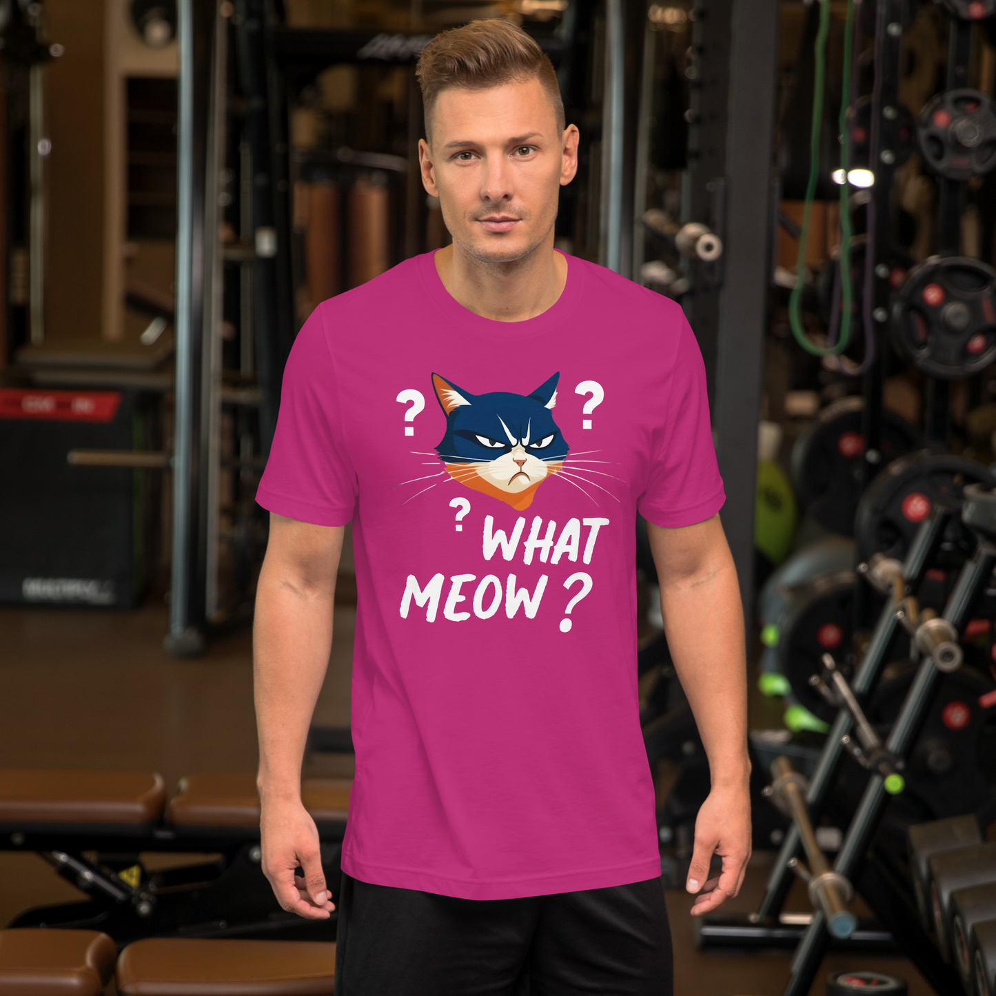 Man wearing a pink t-shirt with a cat graphic and text in a gym setting - berry