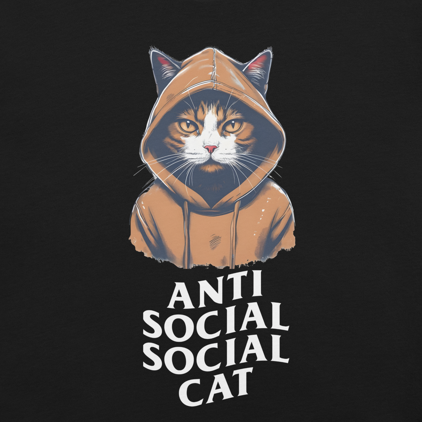 Cat wearing a hoodie with 'Anti Social Social Cat' text on a black background