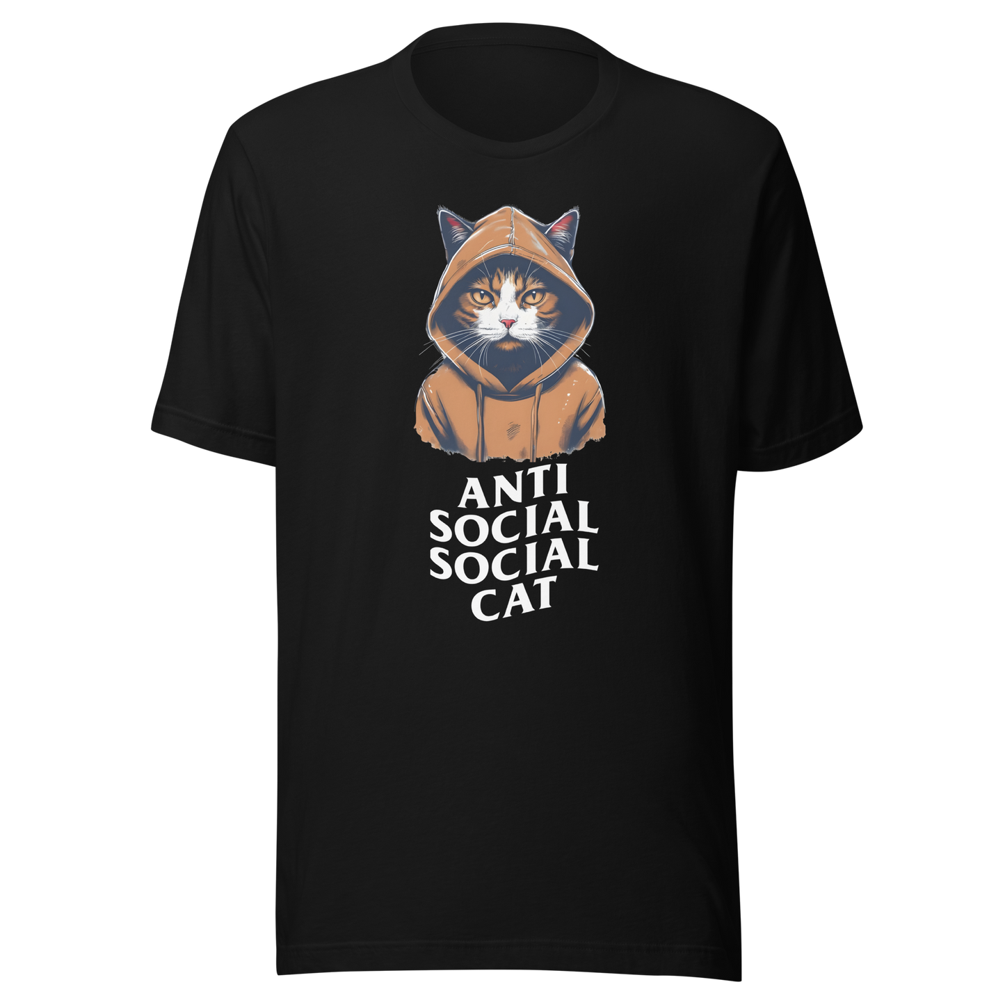 Black t-shirt with a cat in a hoodie graphic and 'Anti Social Social Cat' text on a white background