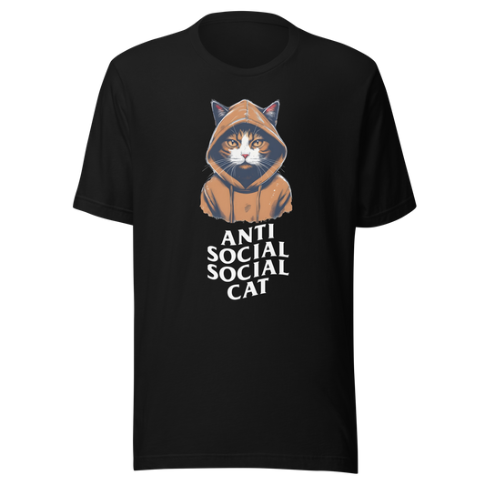 Black t-shirt with a cat in a hoodie graphic and 'Anti Social Social Cat' text on a white background