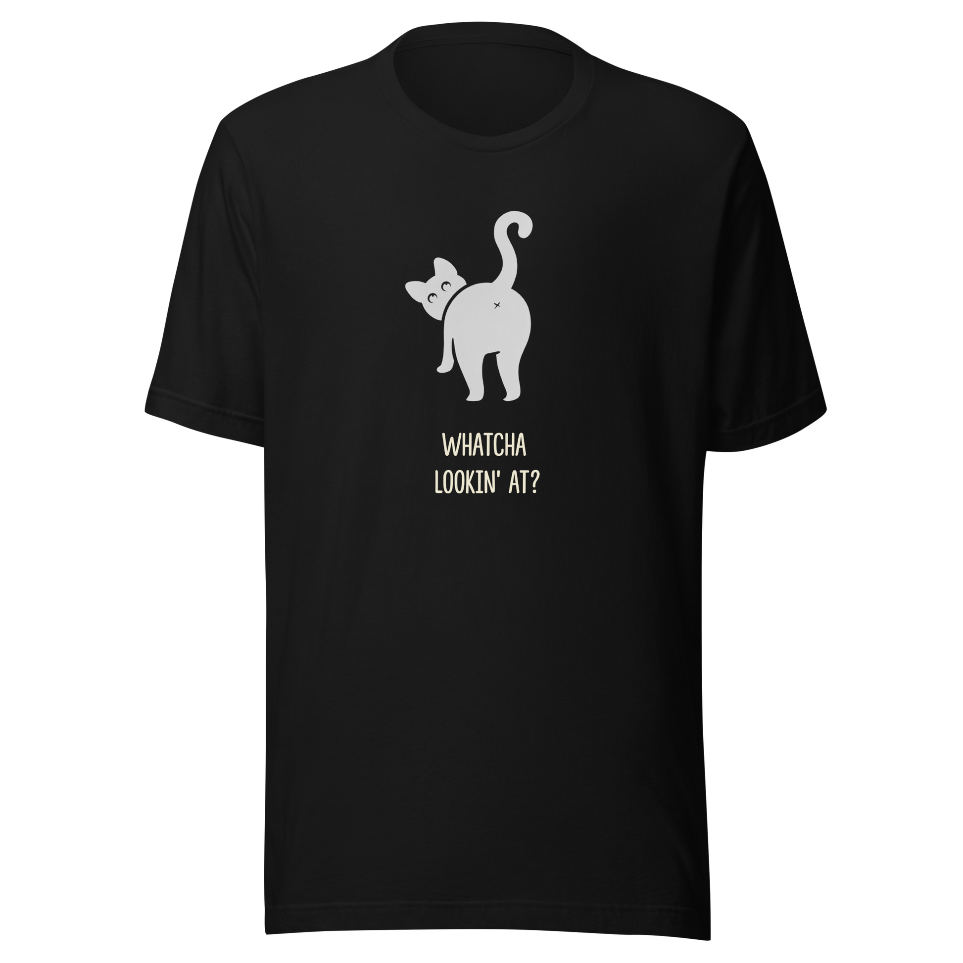Black t-shirt with a white cat graphic and text on a white background