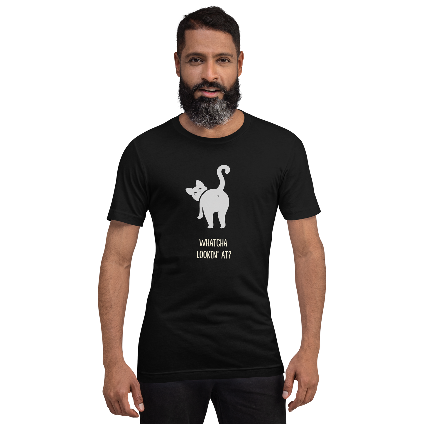 Man wearing a black t-shirt with a white graphic and text on a white background