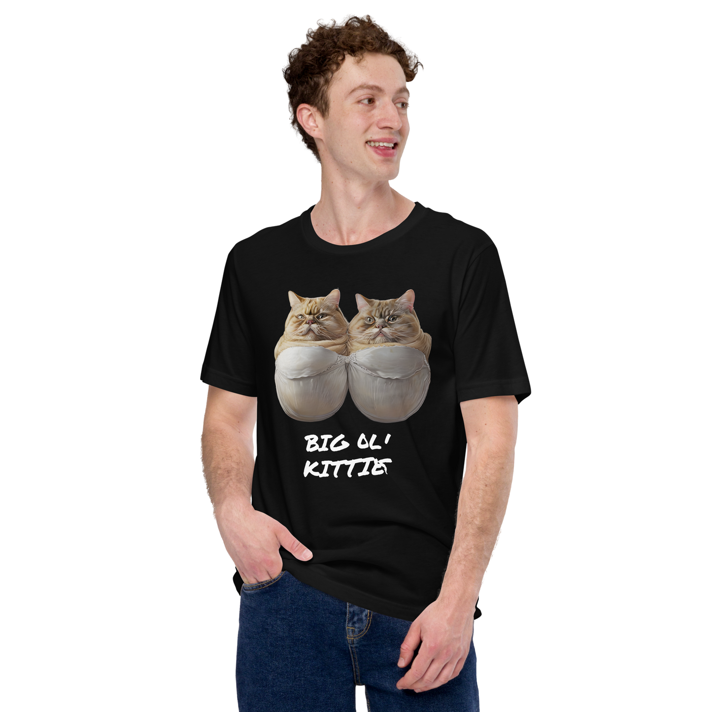 Person wearing a black t-shirt with cat graphic and text 'BIG OL' KITTY' on a white background - black