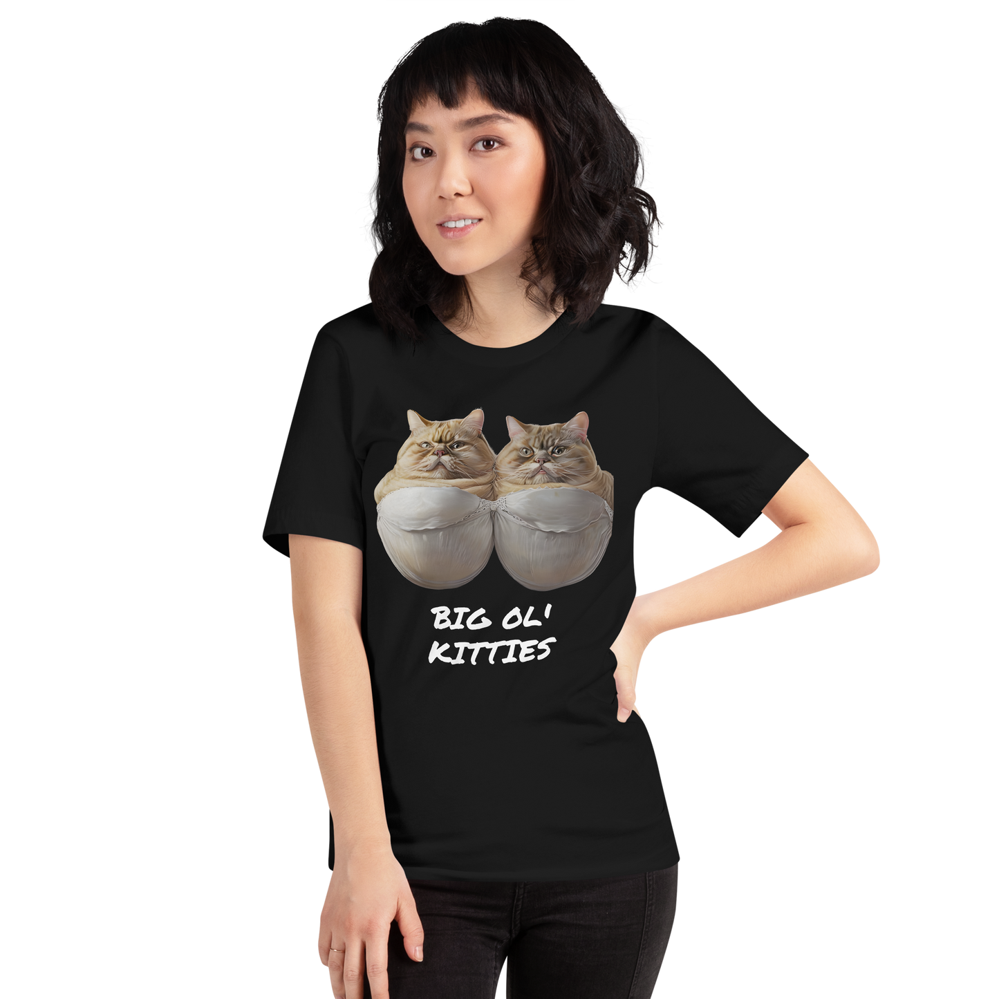 Person wearing a black t-shirt with cat graphic and text 'BIG OL' KITTIES' on a white background - black
