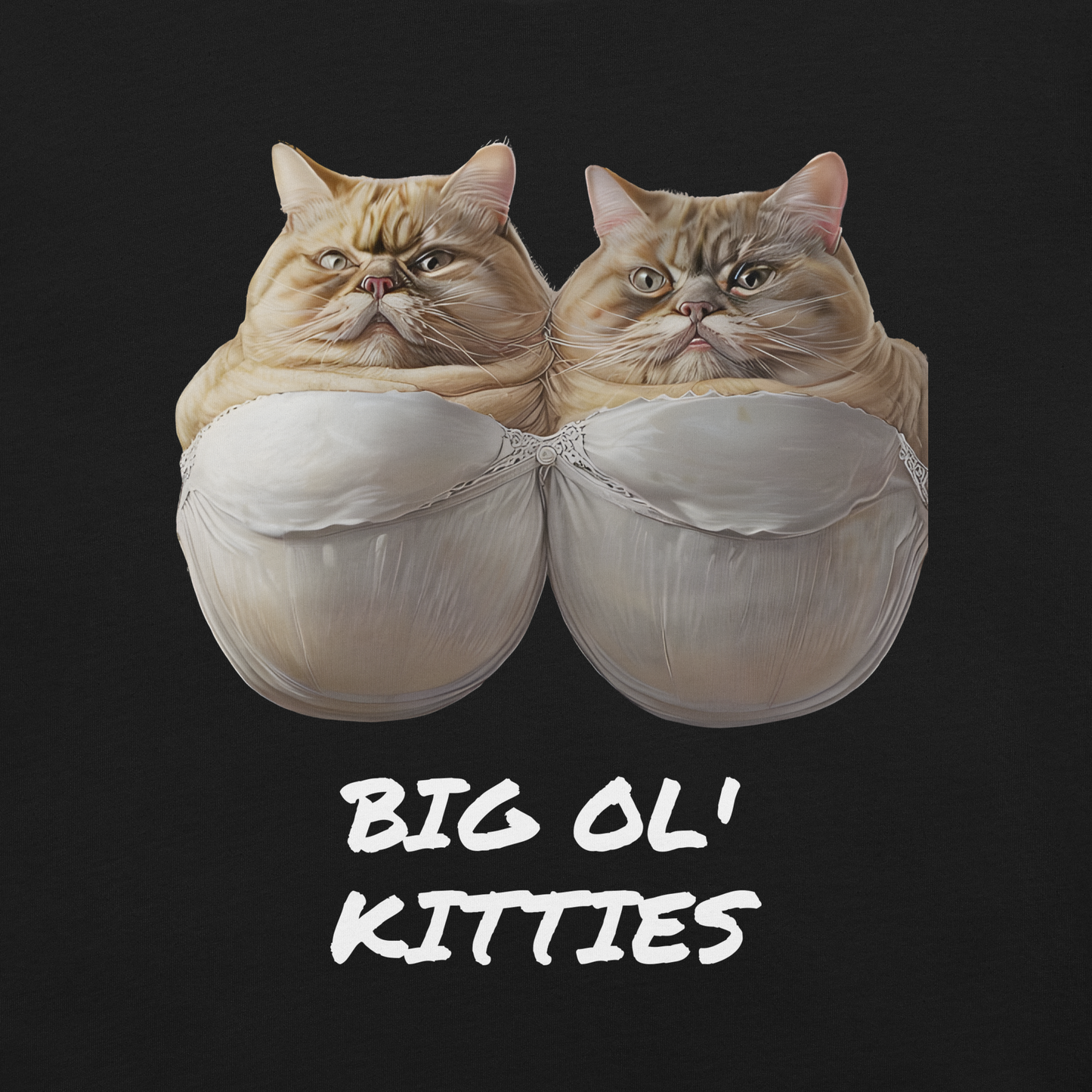 Two cats inside shell-like shoes with text 'BIG OL' KITTIES' on a black background - black