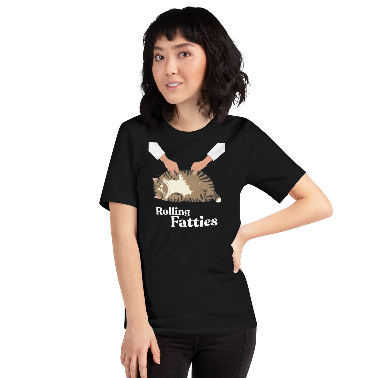 Person wearing a black t-shirt with 'Rolling Fatties' graphic design on a white background - black
