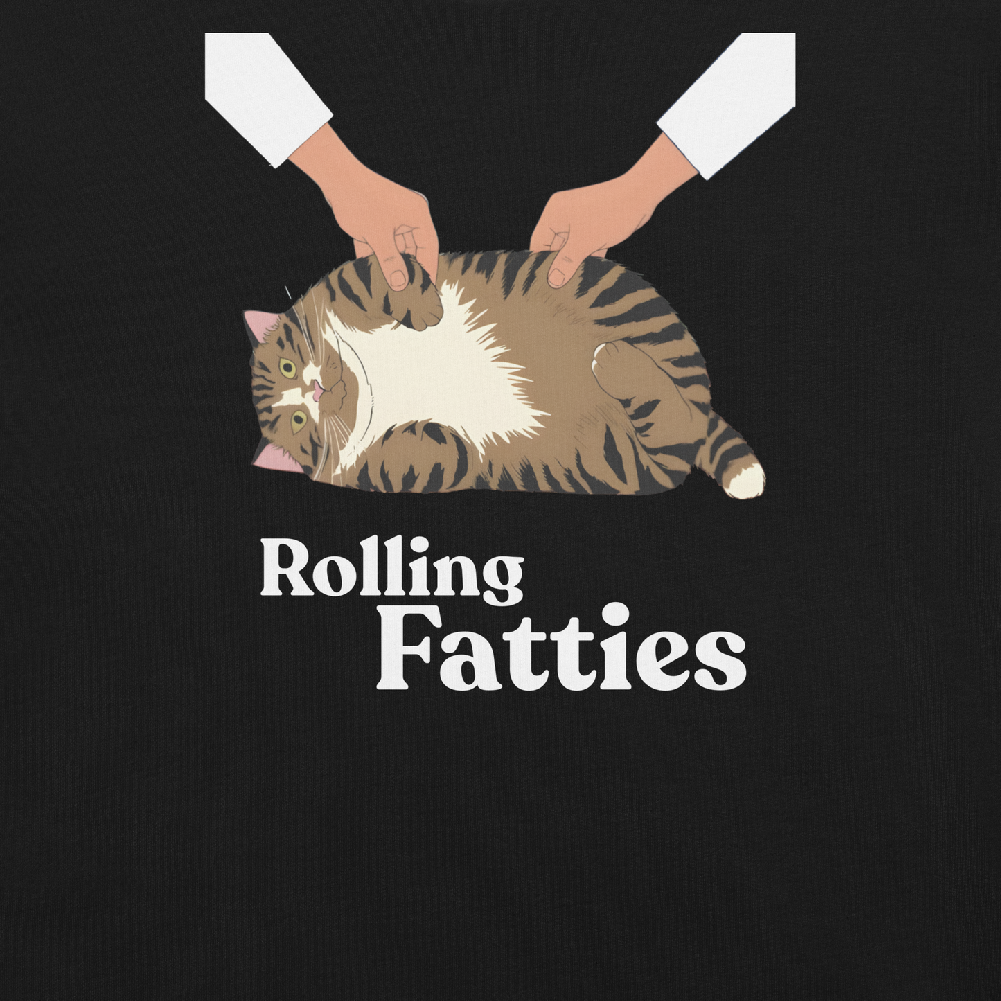 Cartoon cat being held by hands with 'Rolling Fatties' text on a black background - black