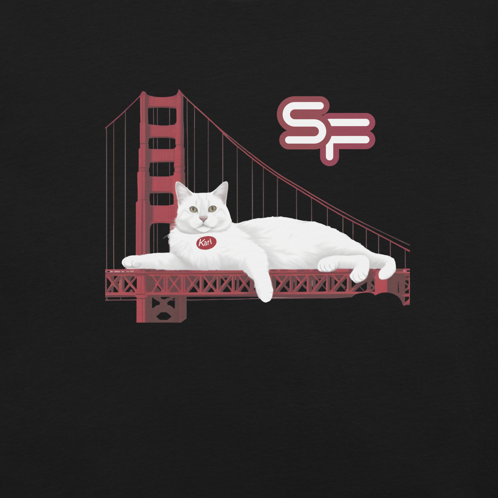 White Karl the fog cat lying on a red Golden Gate Bridge silhouette with 'SF' logo on a black background - all