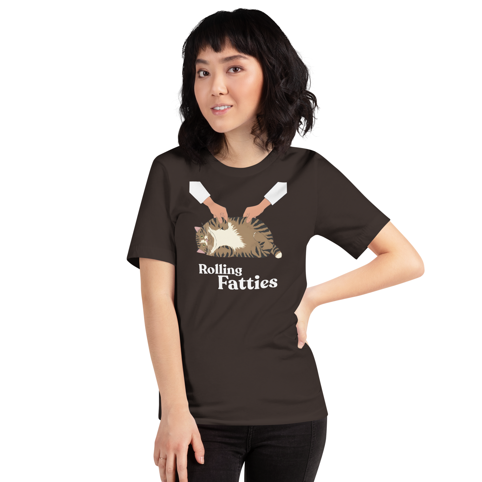 Person wearing a black t-shirt with 'Rolling Fatties' graphic design on a white background - brown