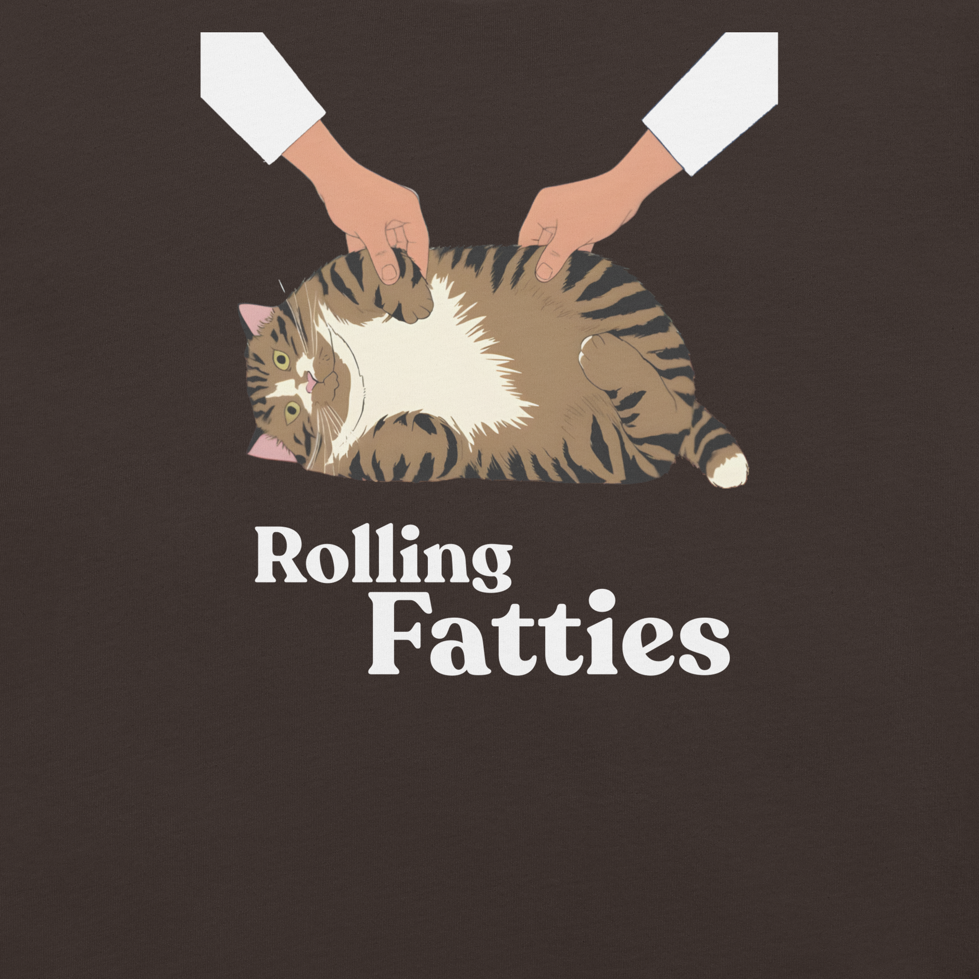 Cartoon cat being held by two hands with 'Rolling Fatties' text on a dark background - brown