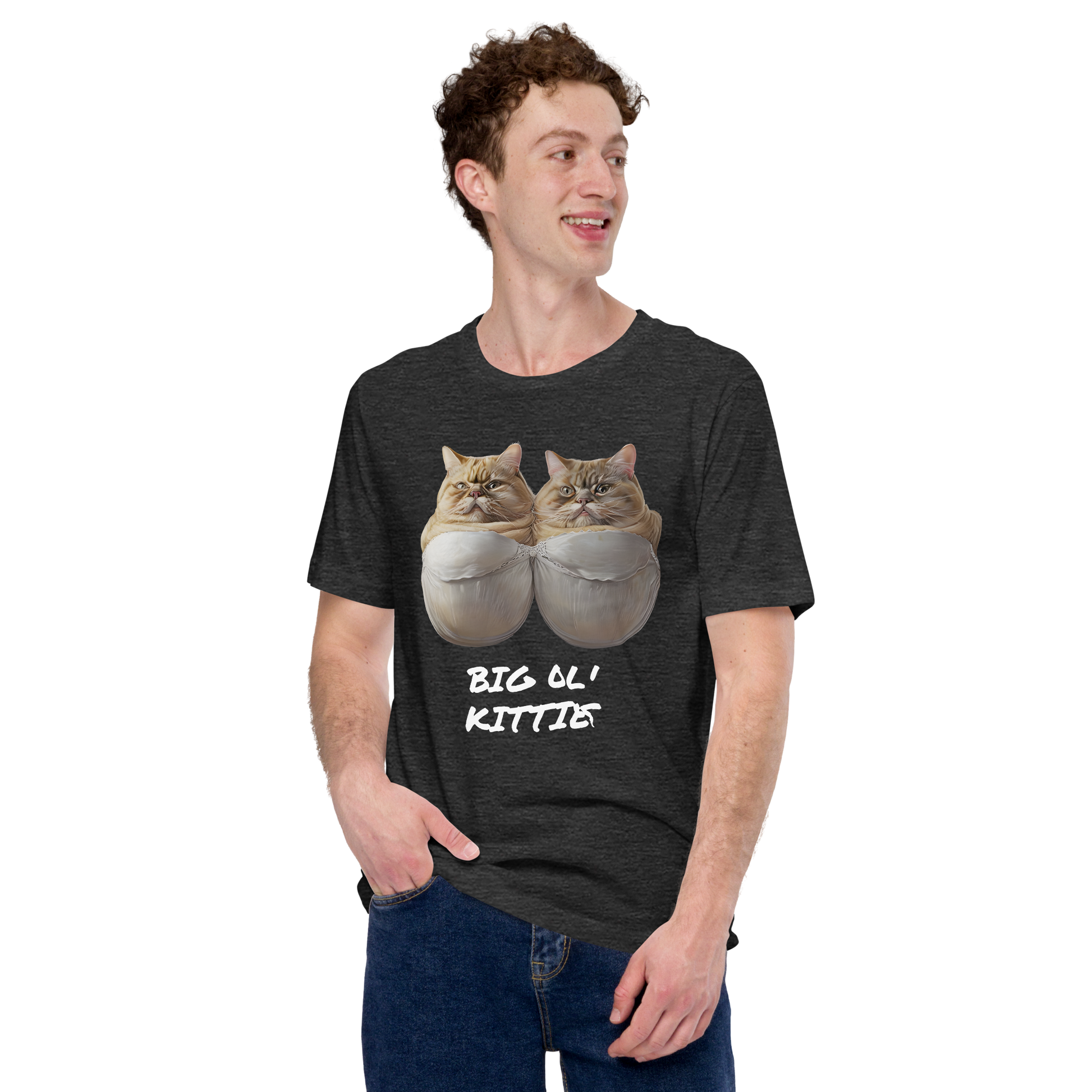 Person wearing a black t-shirt with cat graphic and text 'BIG LL' KITTY' on a white background - dark grey heather