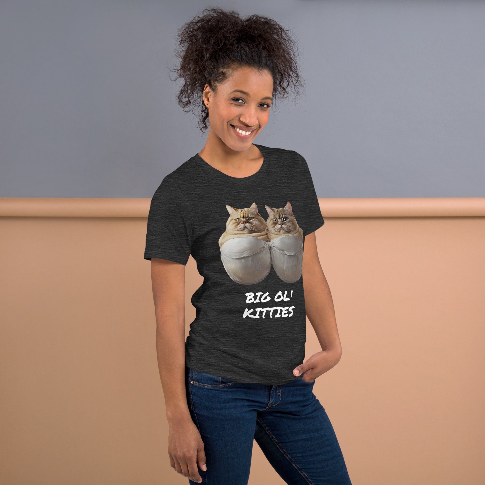 Big Ol Kitties shirt side - dark grey heather