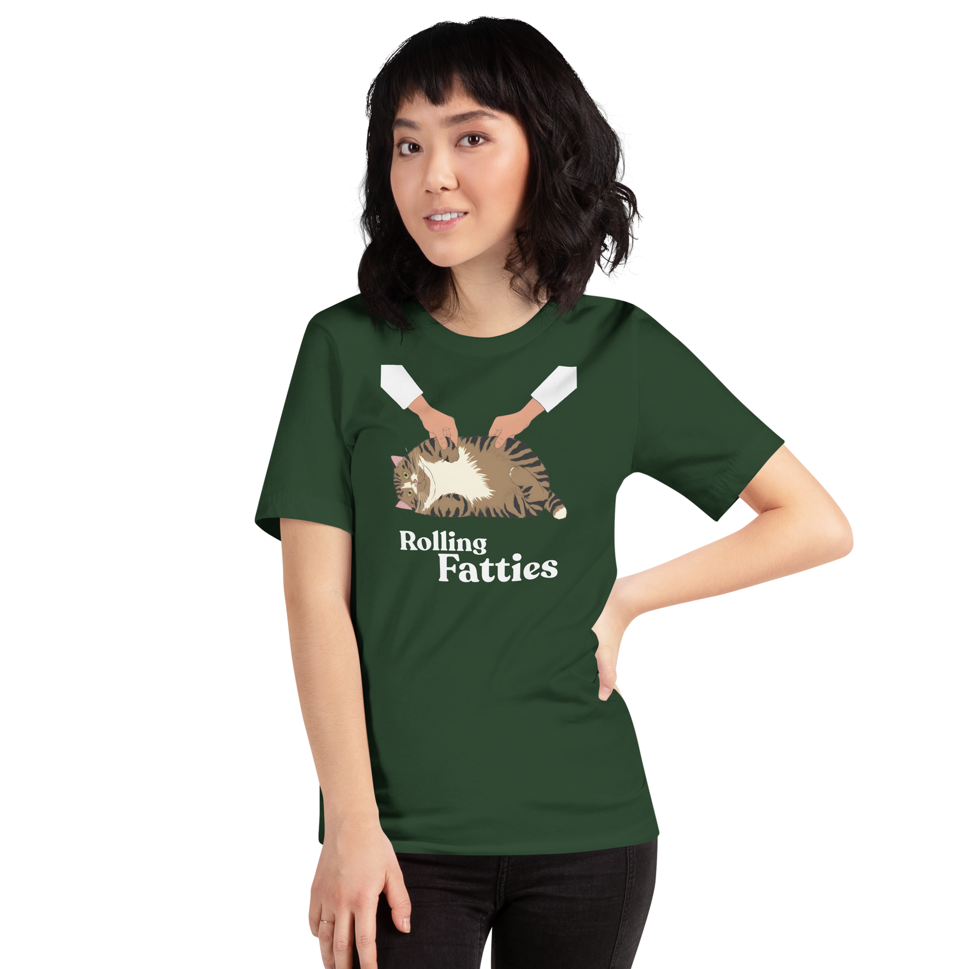 Person wearing a green t-shirt with 'Rolling Fatties' graphic design on a white background - forest 