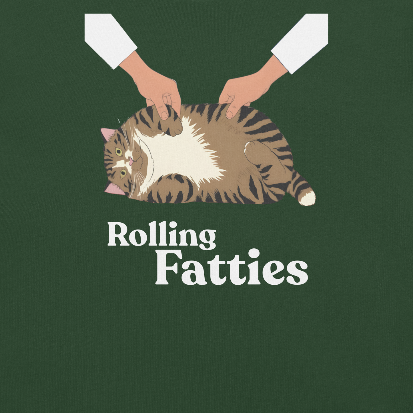 Illustration of a cat being held by two hands with 'Rolling Fatties' text on a green background - forest