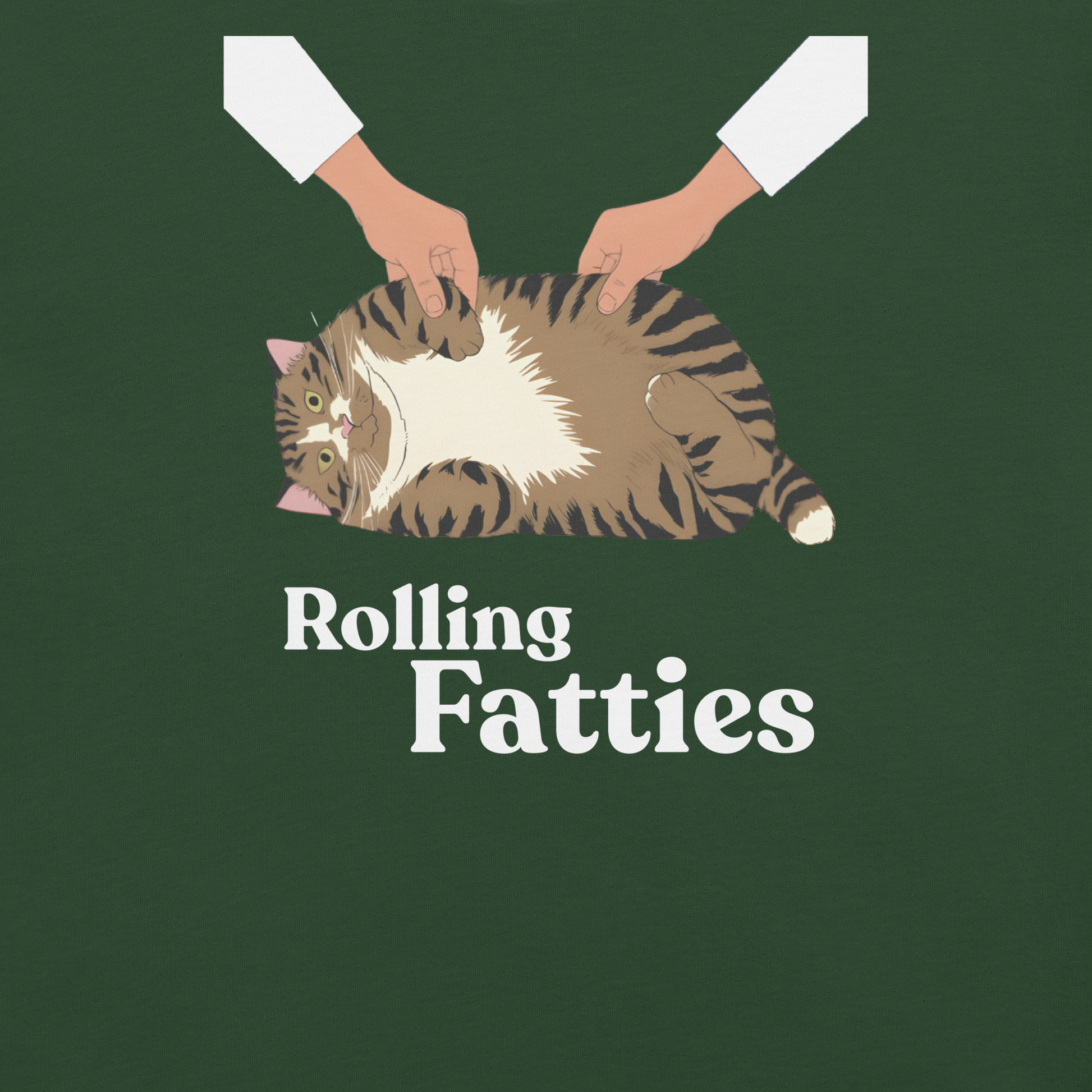 Illustration of a cat being held by two hands with 'Rolling Fatties' text on a green background - forest