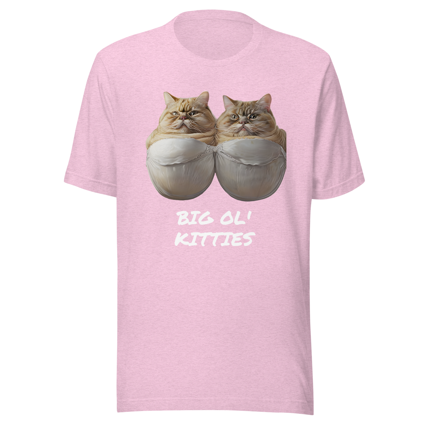 Pink t-shirt with cat graphic and 'BIG OLI KITTIES' text on a white background - heather prism lilac