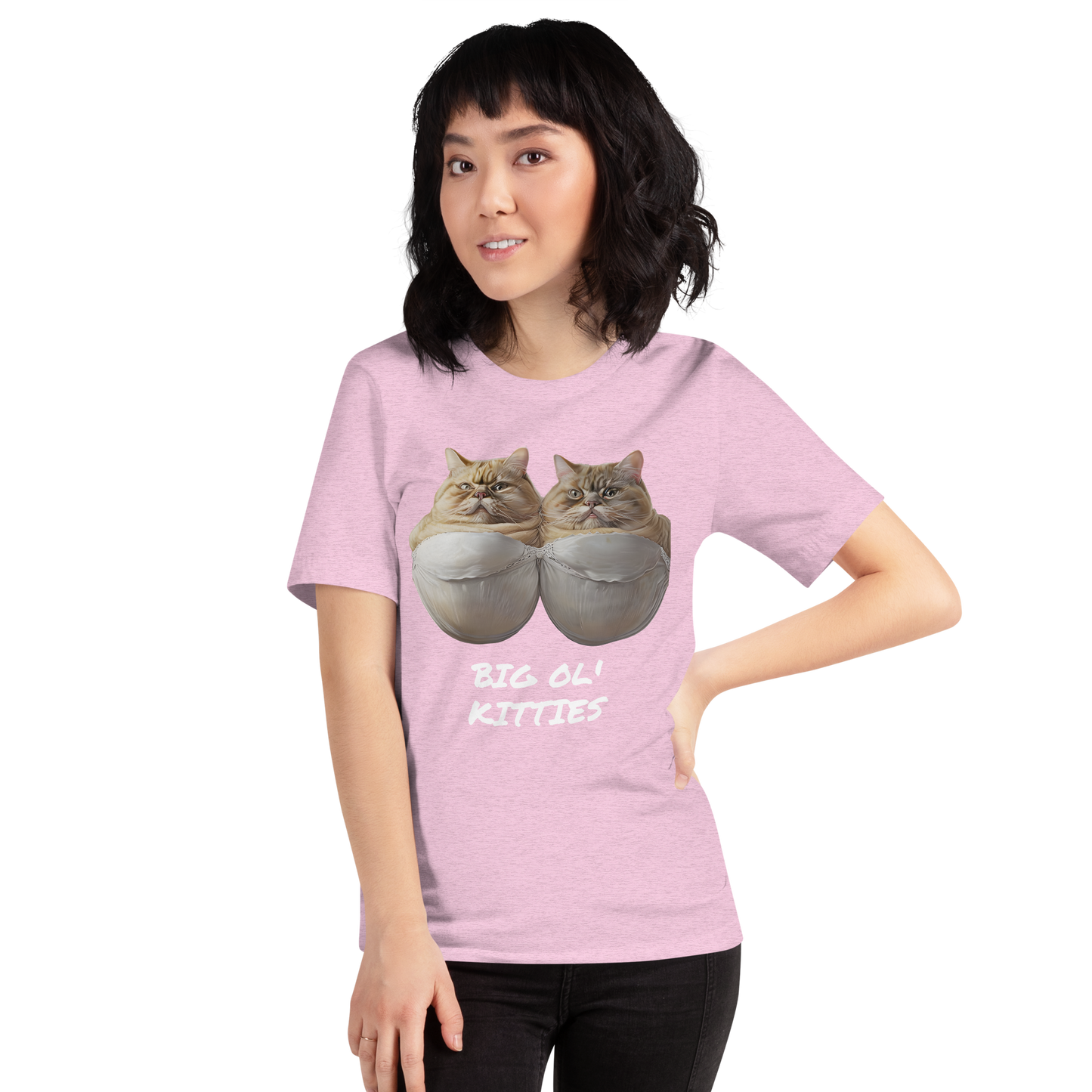 Person wearing a pink t-shirt with cat graphic and text - heather prism lilac
