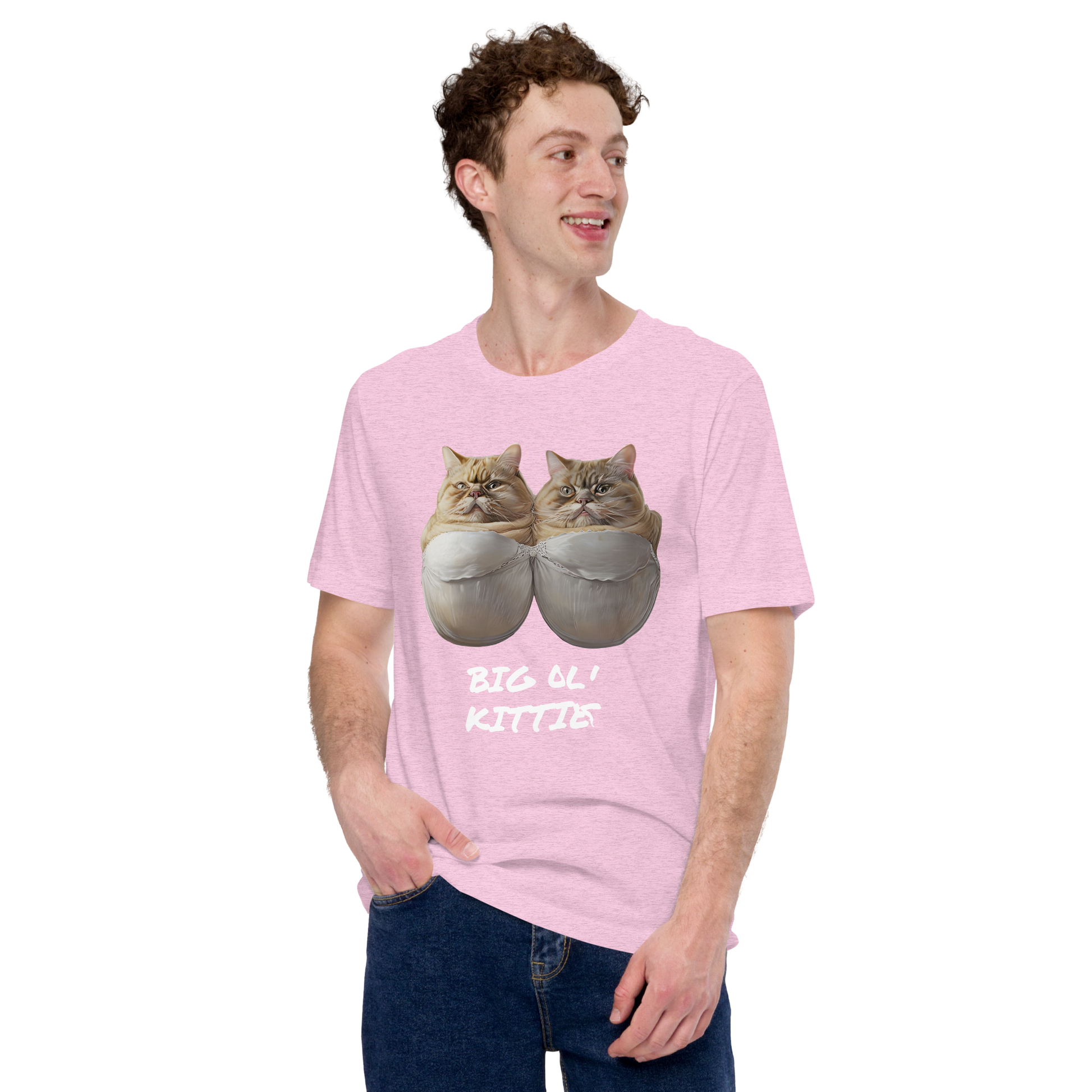 Person wearing a pink t-shirt with cat graphic and text on a white background - heather prism lilac