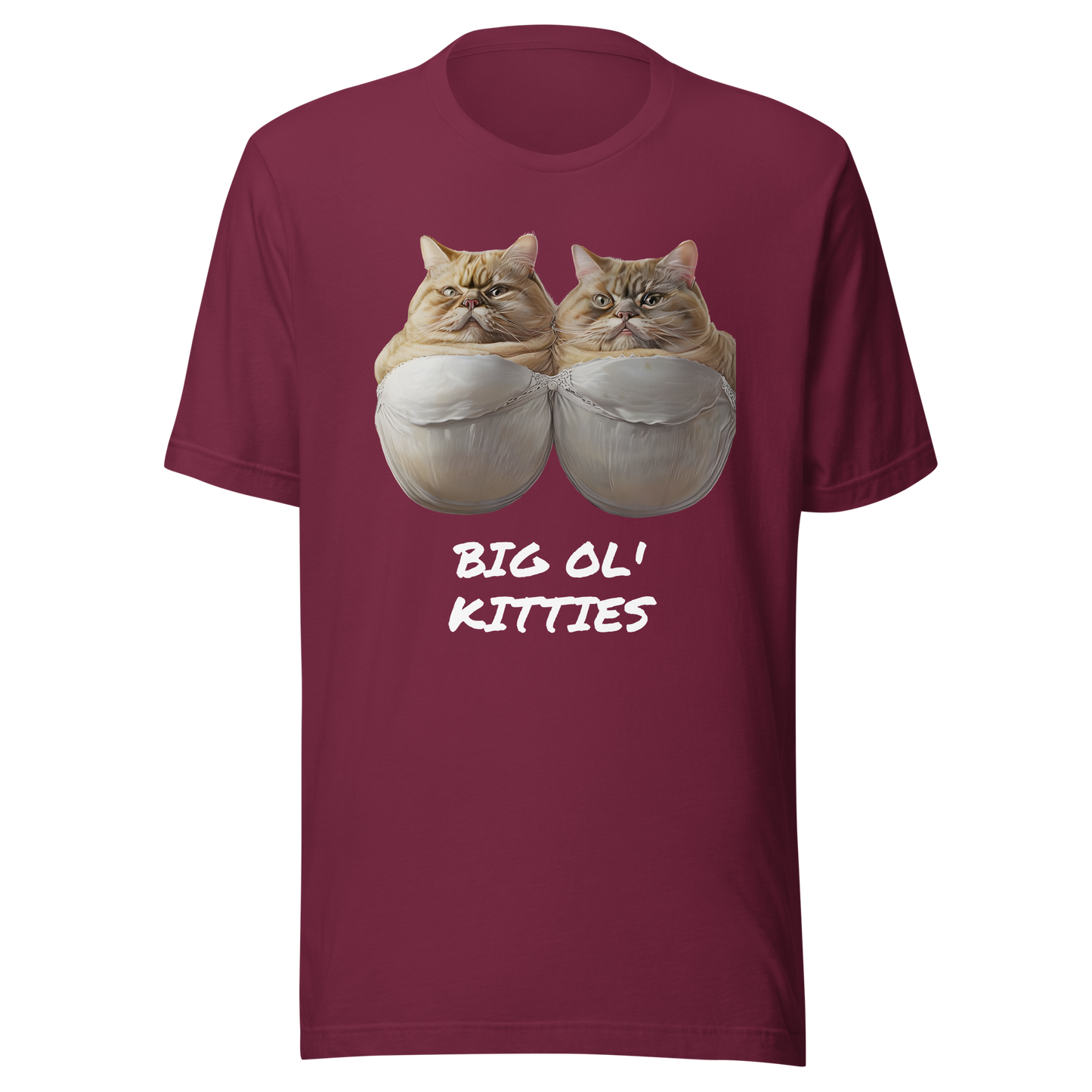 Maroon t-shirt with cartoon cats and 'BIG OL' KITTIES' text on a white background - maroon