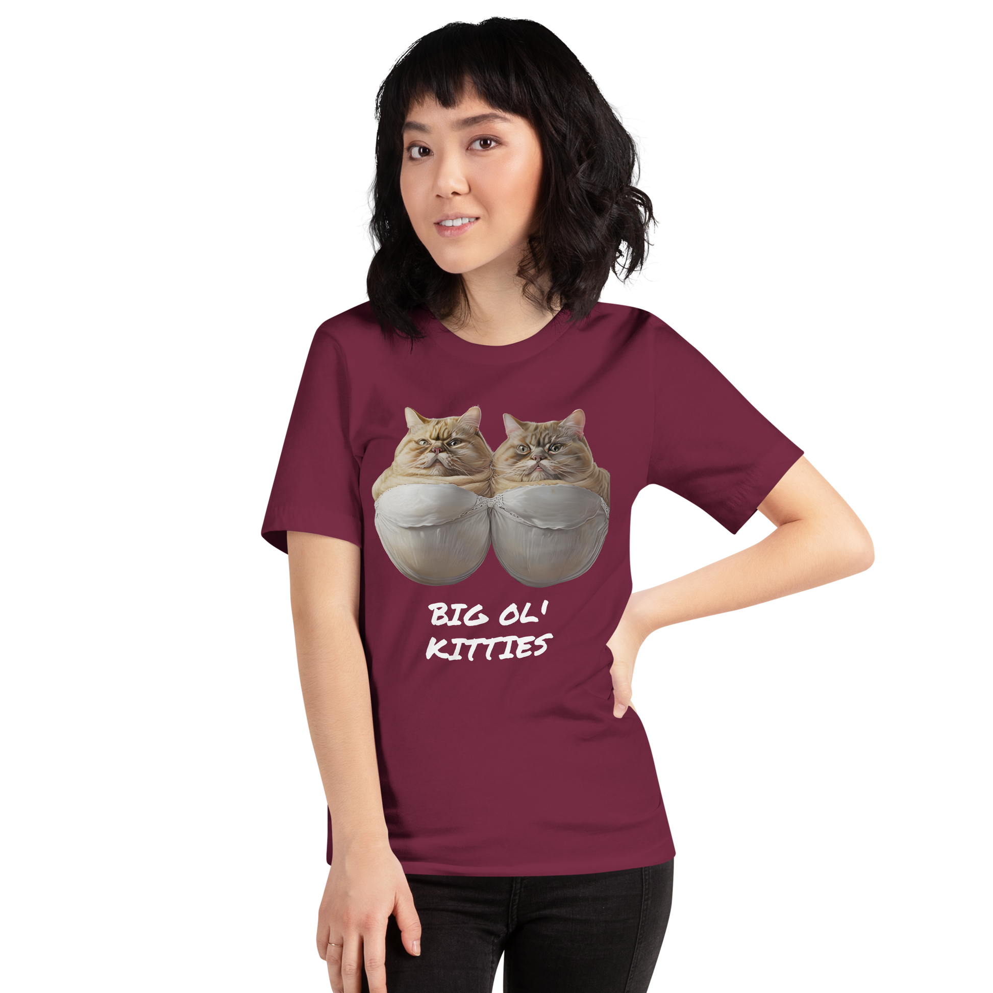 Person wearing a maroon t-shirt with a graphic of cats and text 'BIG OL' KITTIES' on a white background - maroon