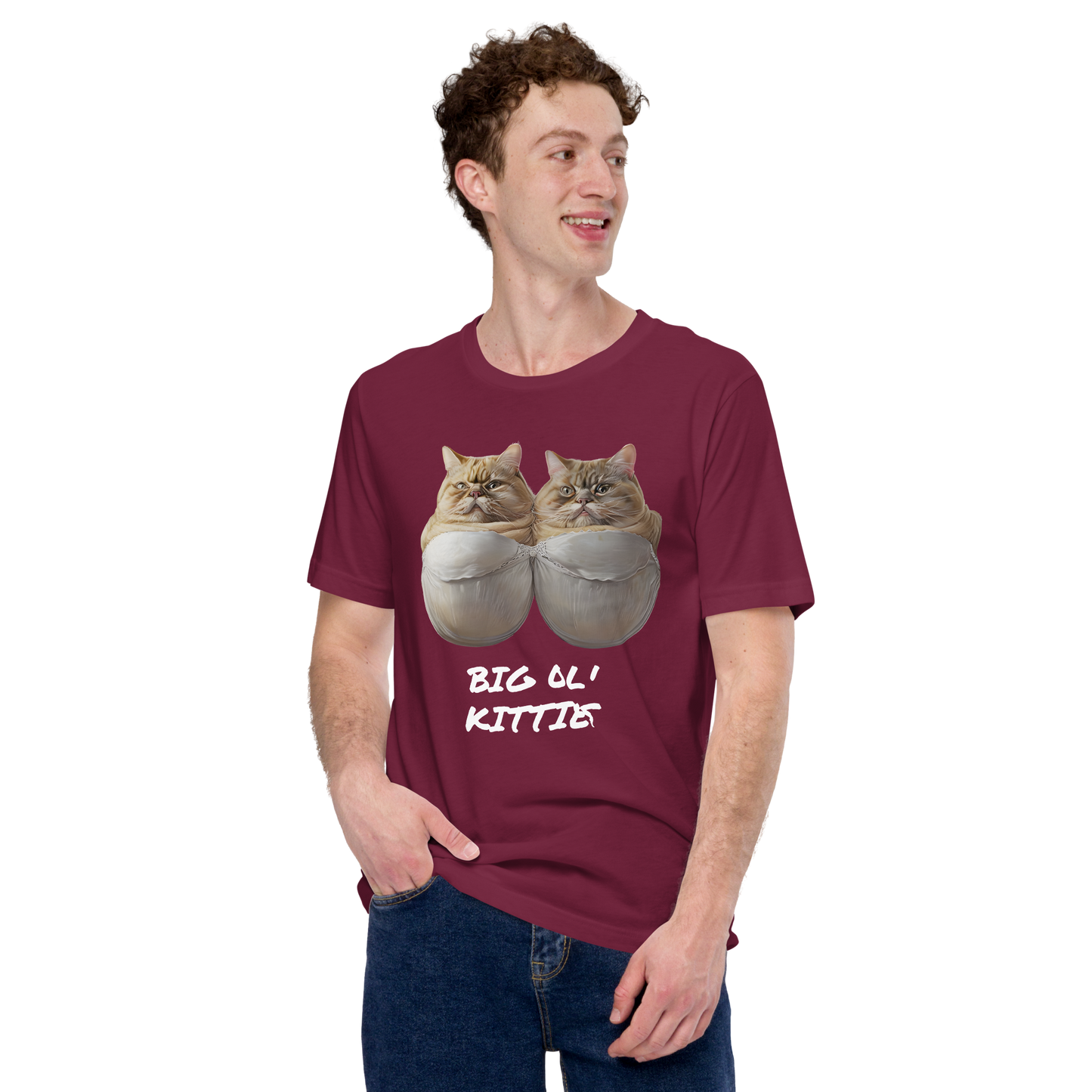 Person wearing a maroon t-shirt with cat graphic and text 'BIG LL' KITTY' on a white background - maroon