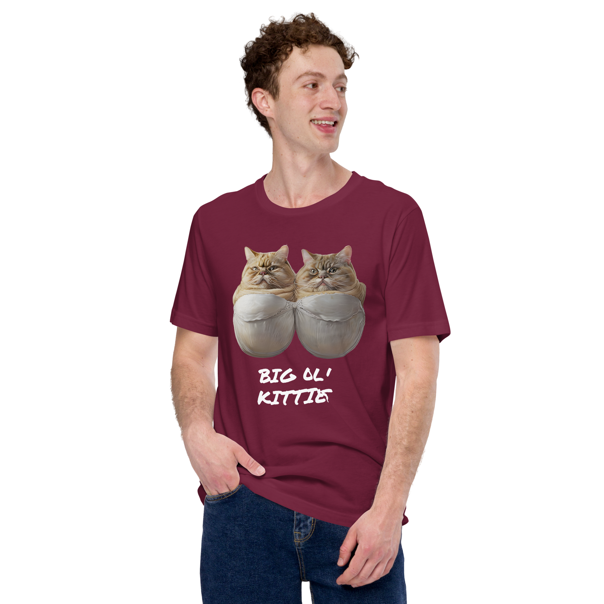 Person wearing a maroon t-shirt with cat graphic and text 'BIG LL' KITTY' on a white background - maroon