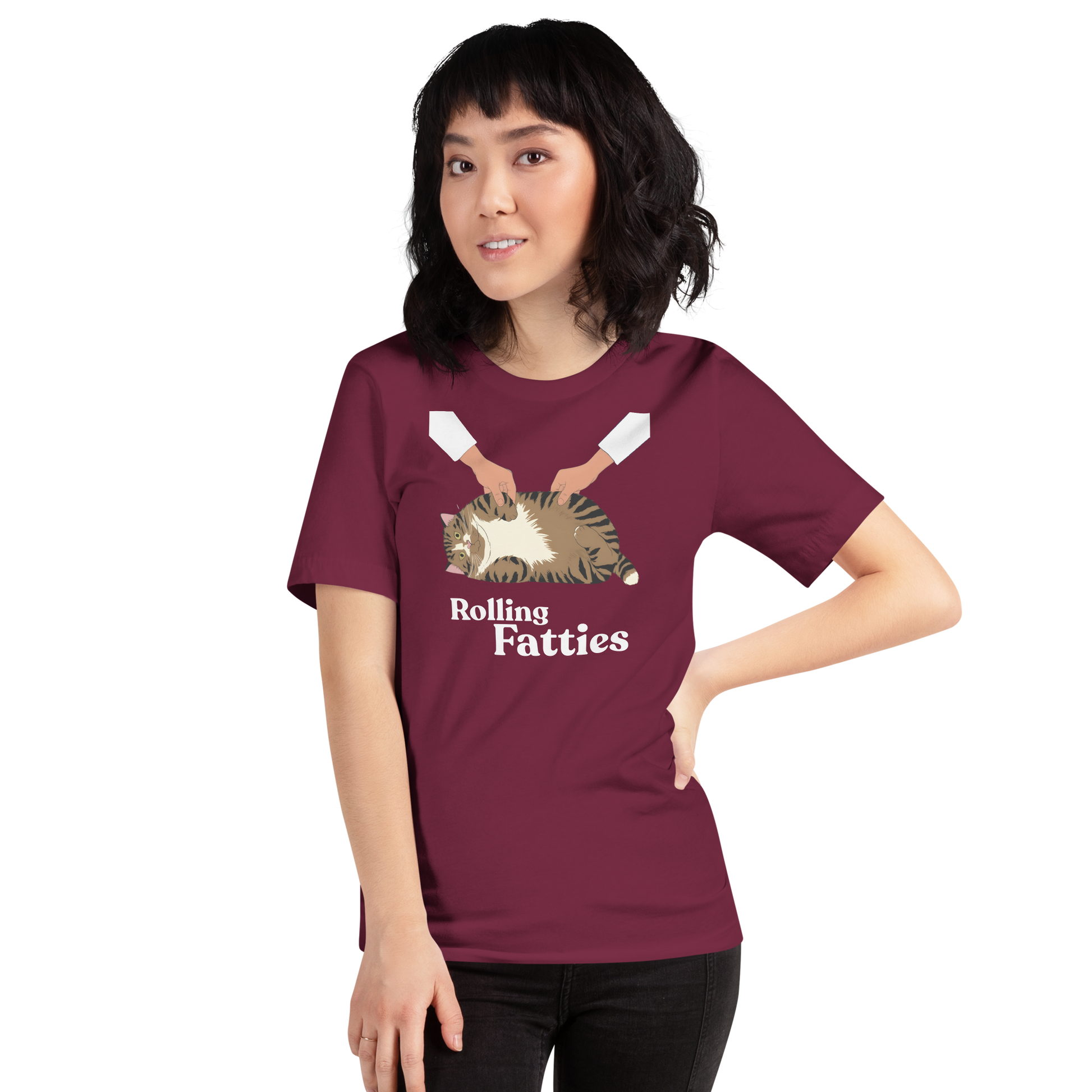 Person wearing a maroon t-shirt with 'Rolling Fatties' graphic design on a white background - maroon