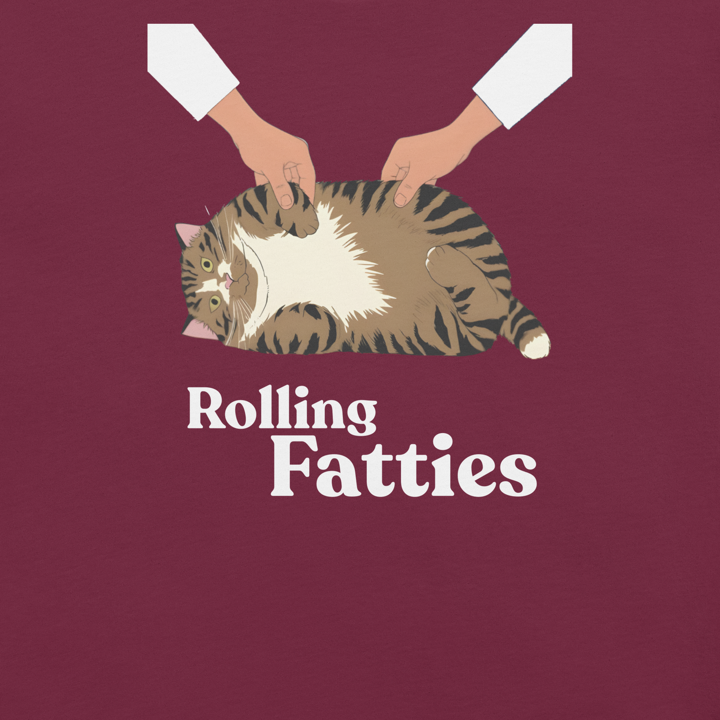 Illustration of a cat being held by two hands with 'Rolling Fatties' text on a maroon background - maroon