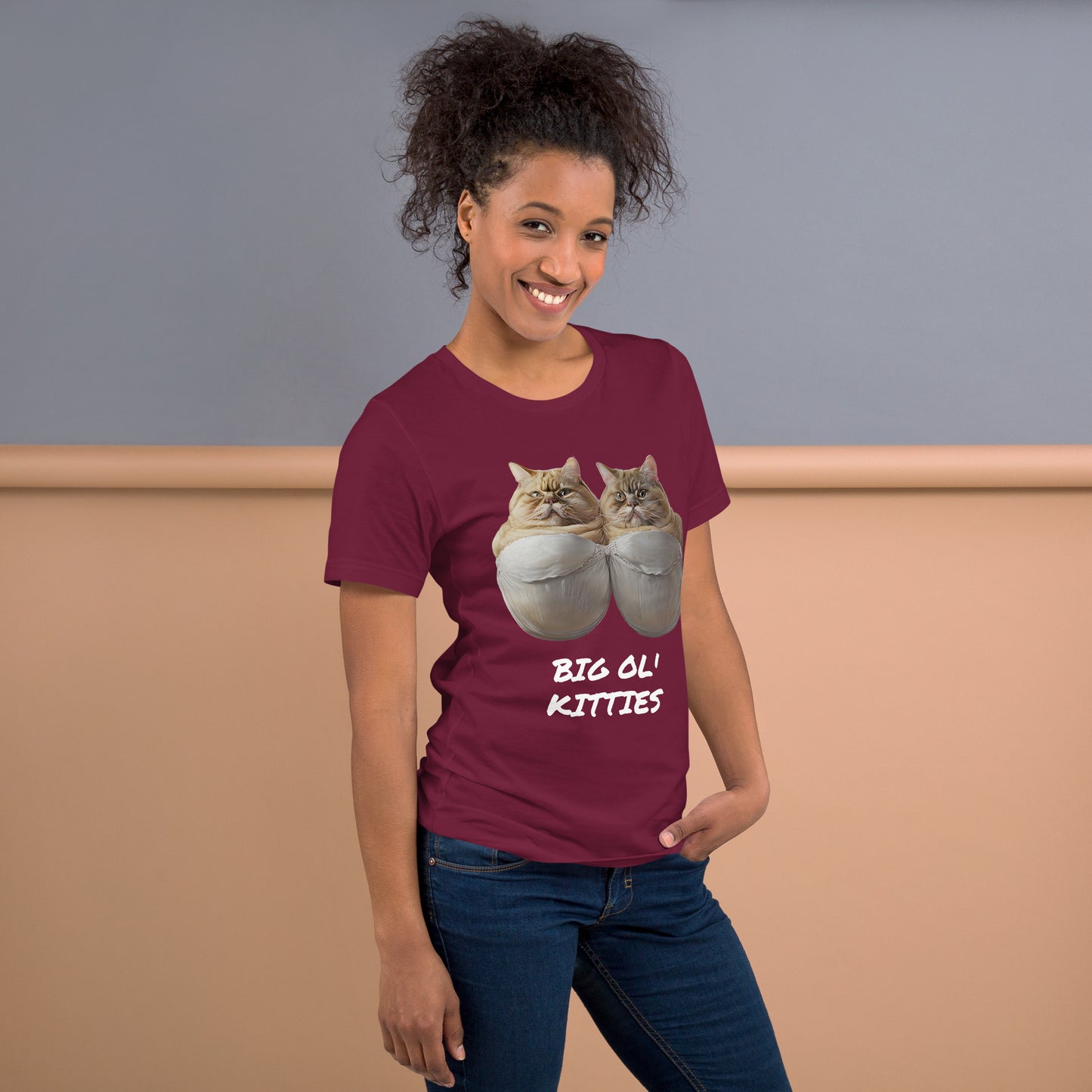 Big Ol Kitties shirt side - maroon