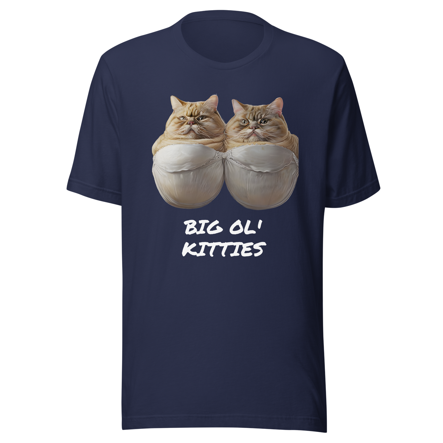 Navy blue t-shirt with two cats in underwear and 'BIG OL' KITTIES' text on a white background - navy