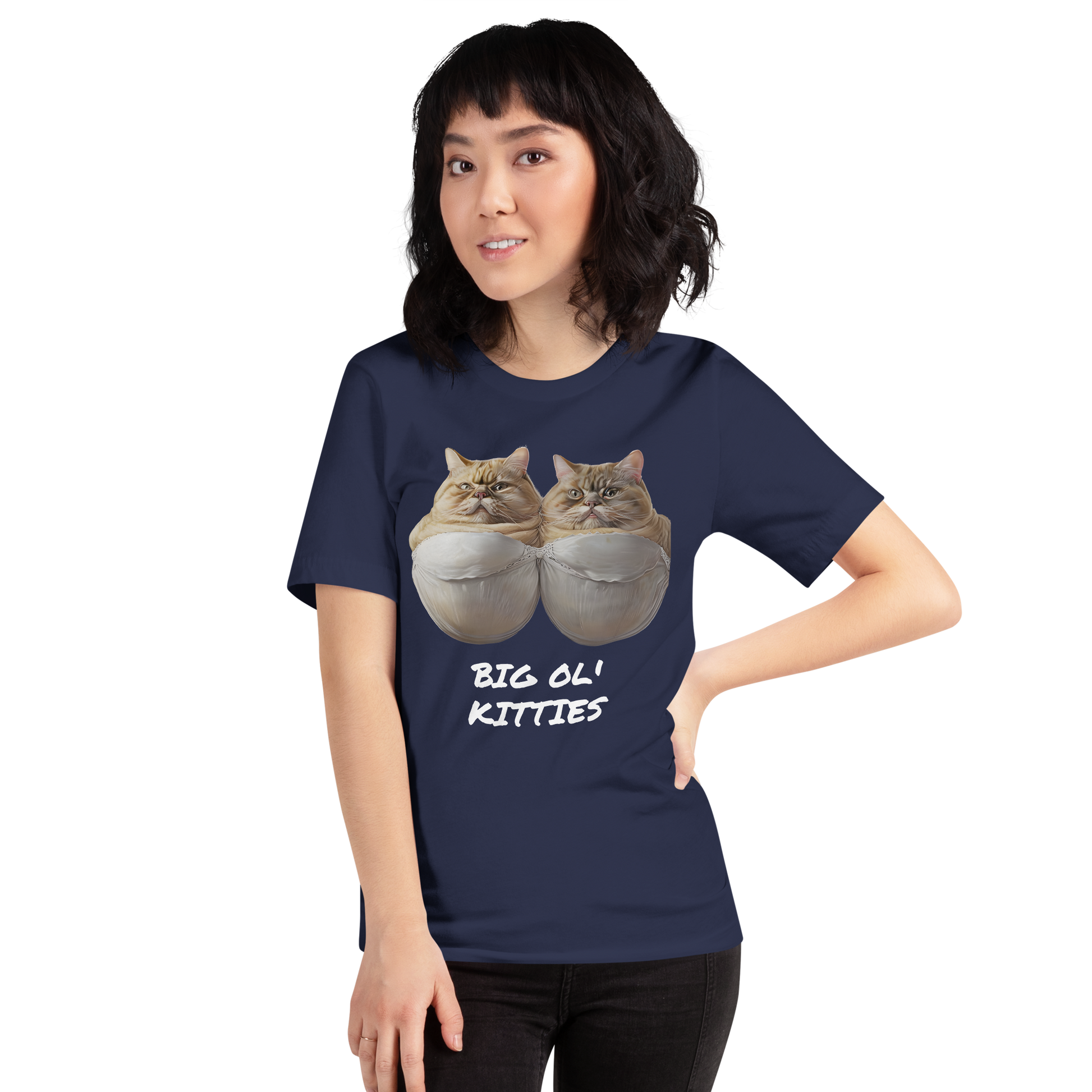 Person wearing a navy blue t-shirt with cat graphic and text 'BIG OL' KITTIES' on a white background - navy