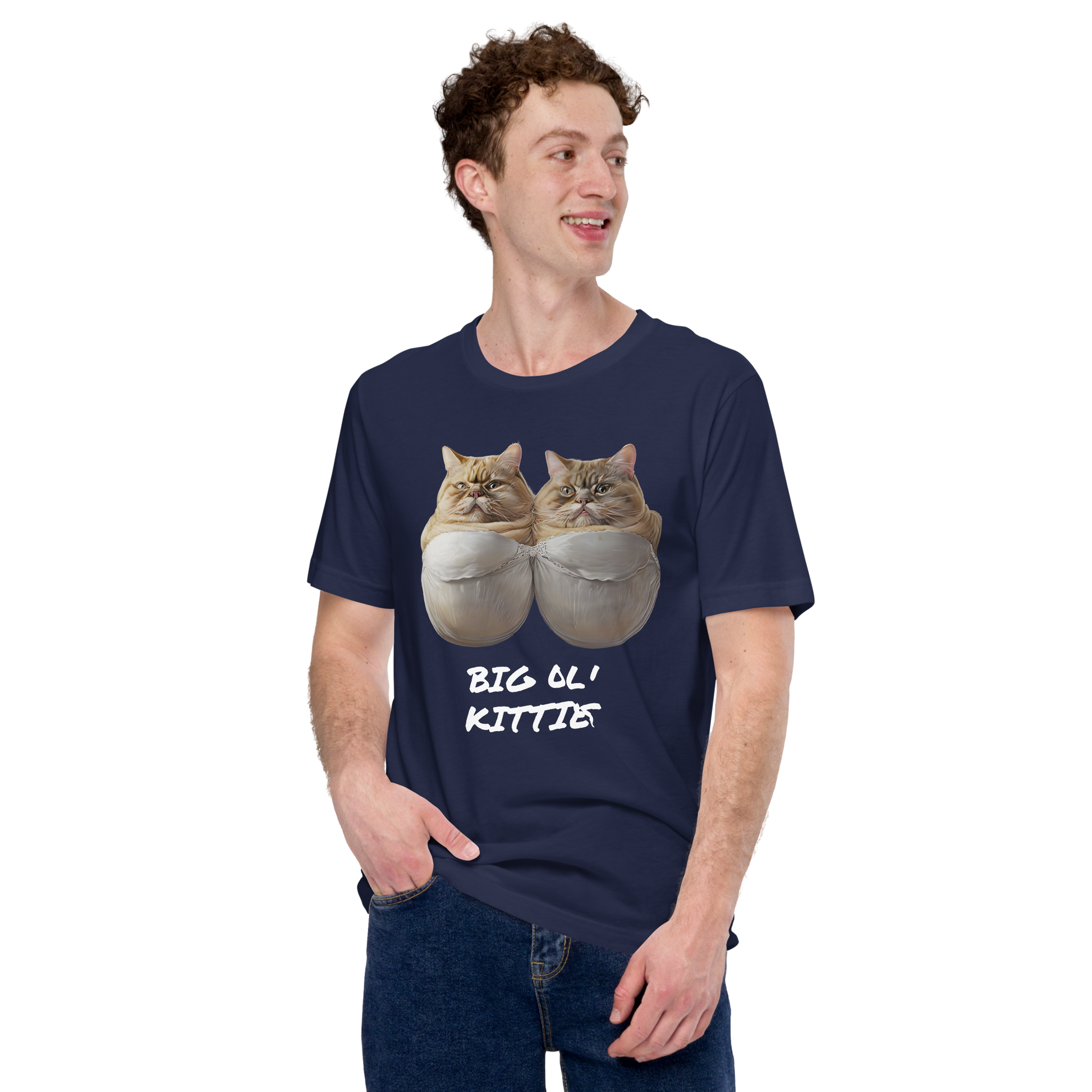 Person wearing a navy blue t-shirt with cat graphic and text 'BIG LL' KITTY' on a white background - navy