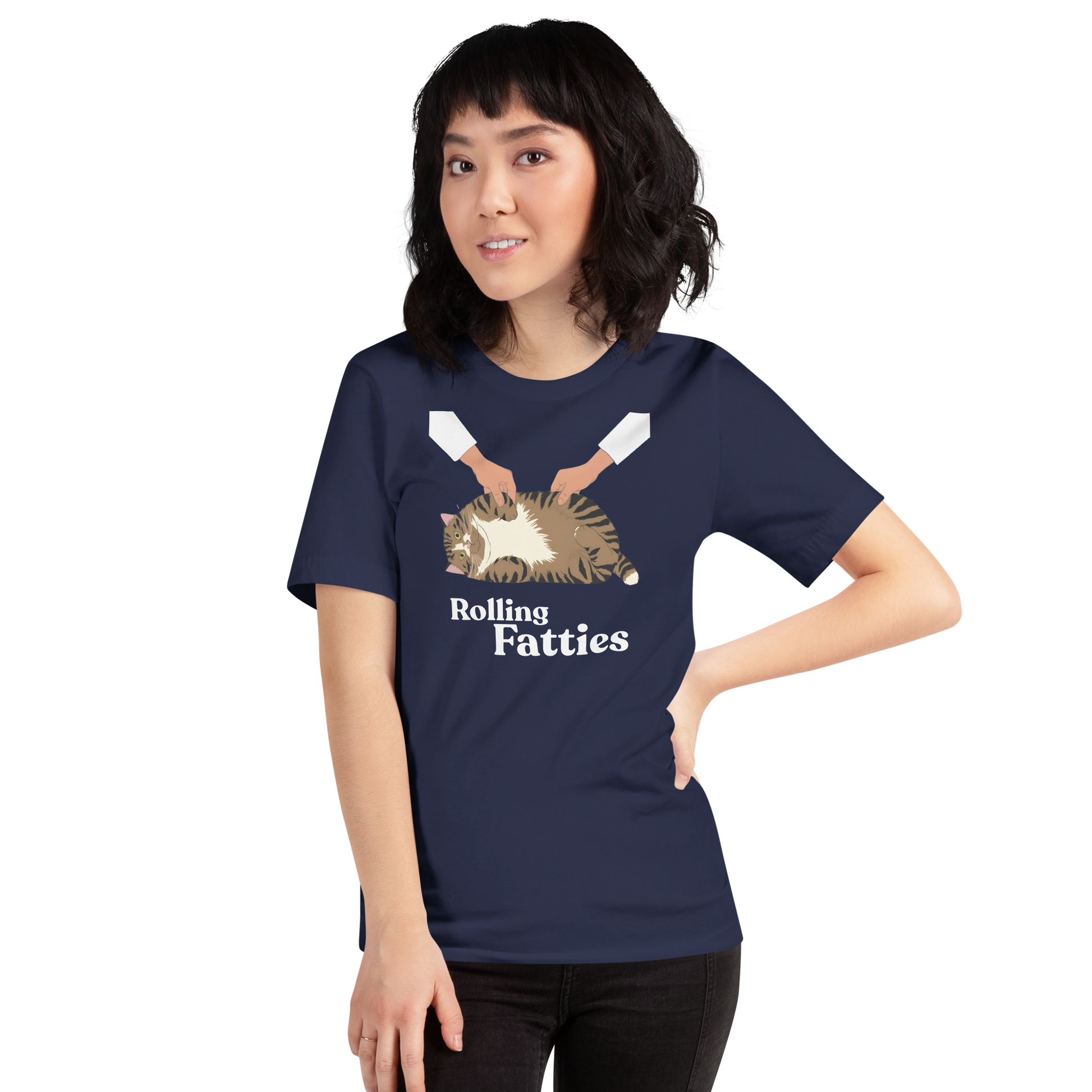 Person wearing a navy blue t-shirt with 'Rolling Fatties' graphic design on a white background - navy