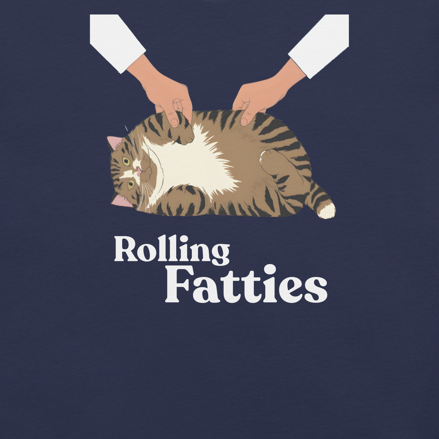 Cat being held by hands with 'Rolling Fatties' text on a navy background - navy