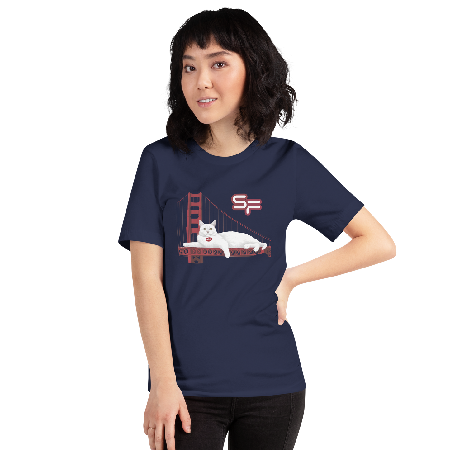 Person wearing a navy blue t-shirt with a graphic design of a cat on a bridge with 'SF' letters. - navy