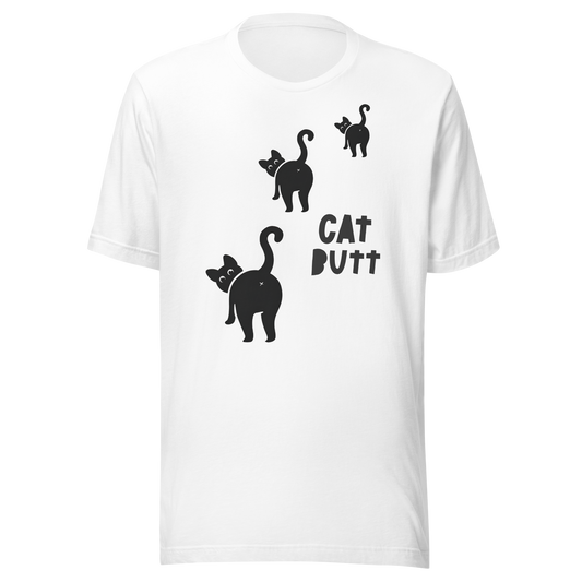 White t-shirt with black cat illustrations and 'CAT BUTT' text on a white background