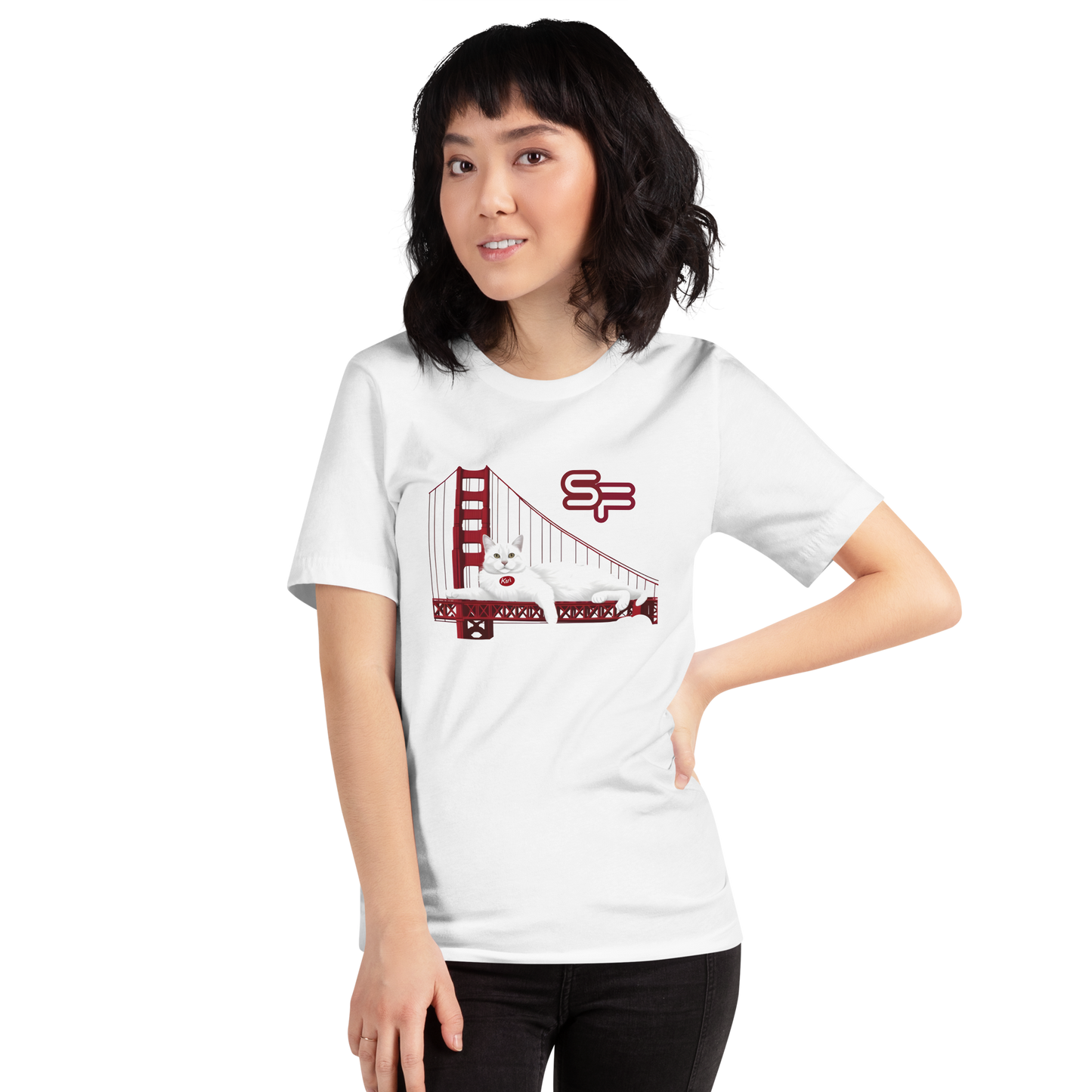 Person wearing a white t-shirt with a graphic design on a white background - white