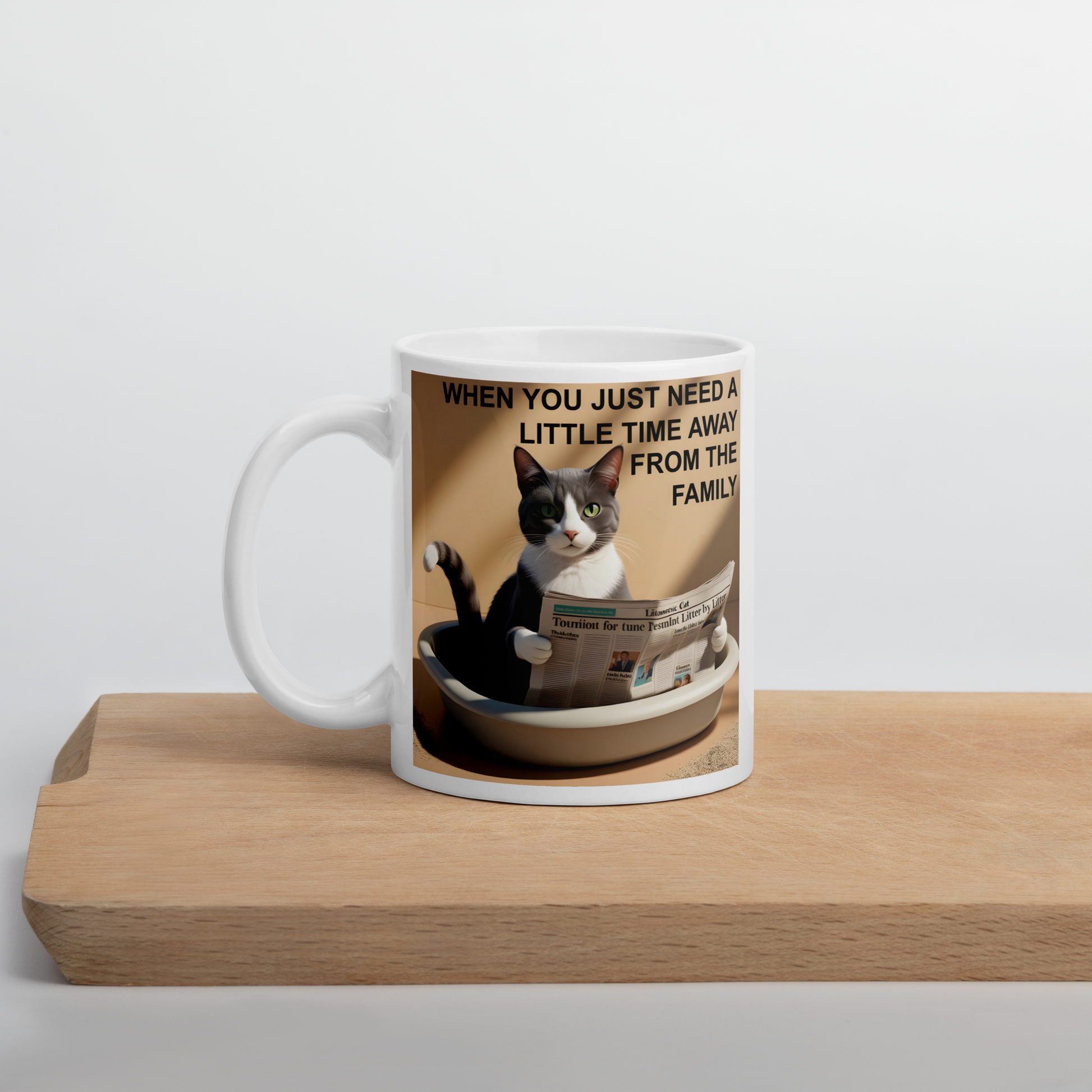 Mug with a cat design and text on a wooden surface - 11 oz