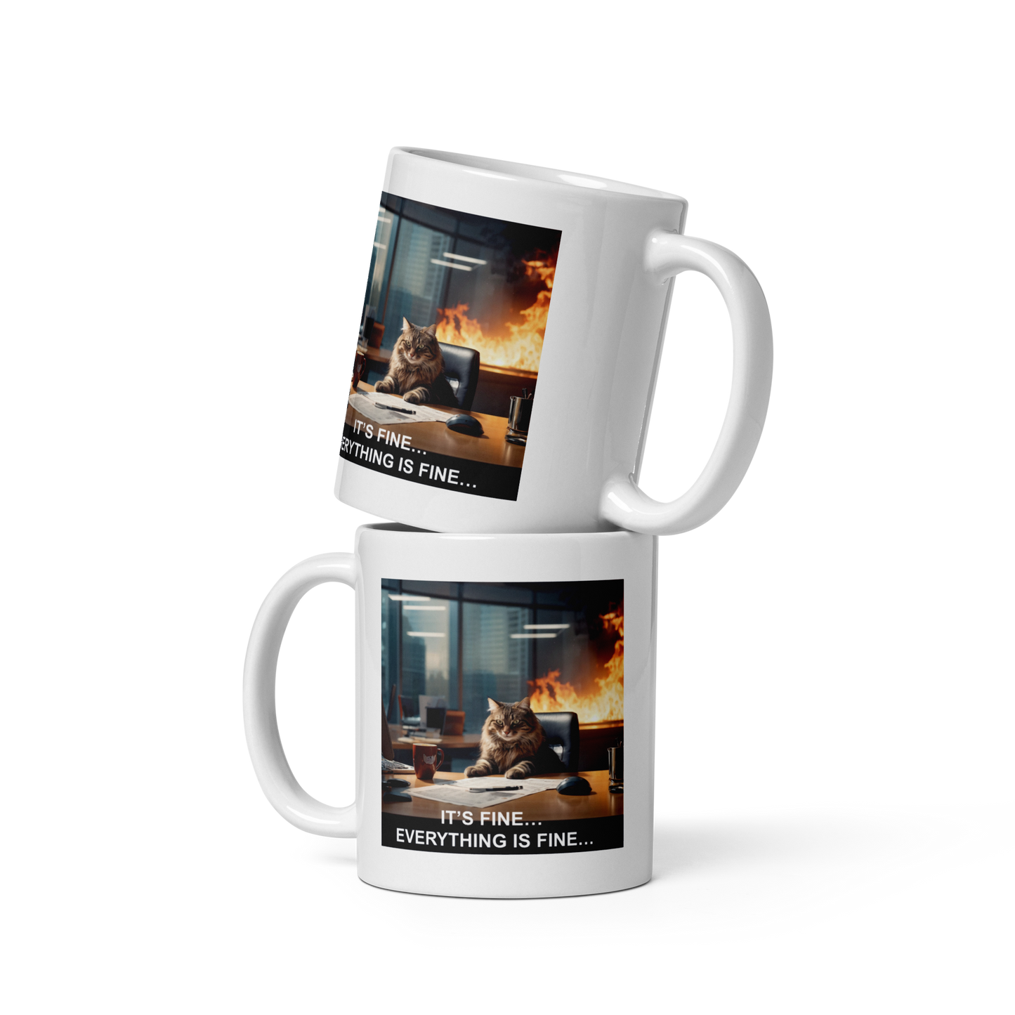 Two mugs with a cat in an office setting and 'It's fine... Everything is fine' text. - 11 oz