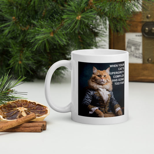 A mug with a cat dressed up in a fancy jacket with a superiority complex -  tree in background - 11 oz