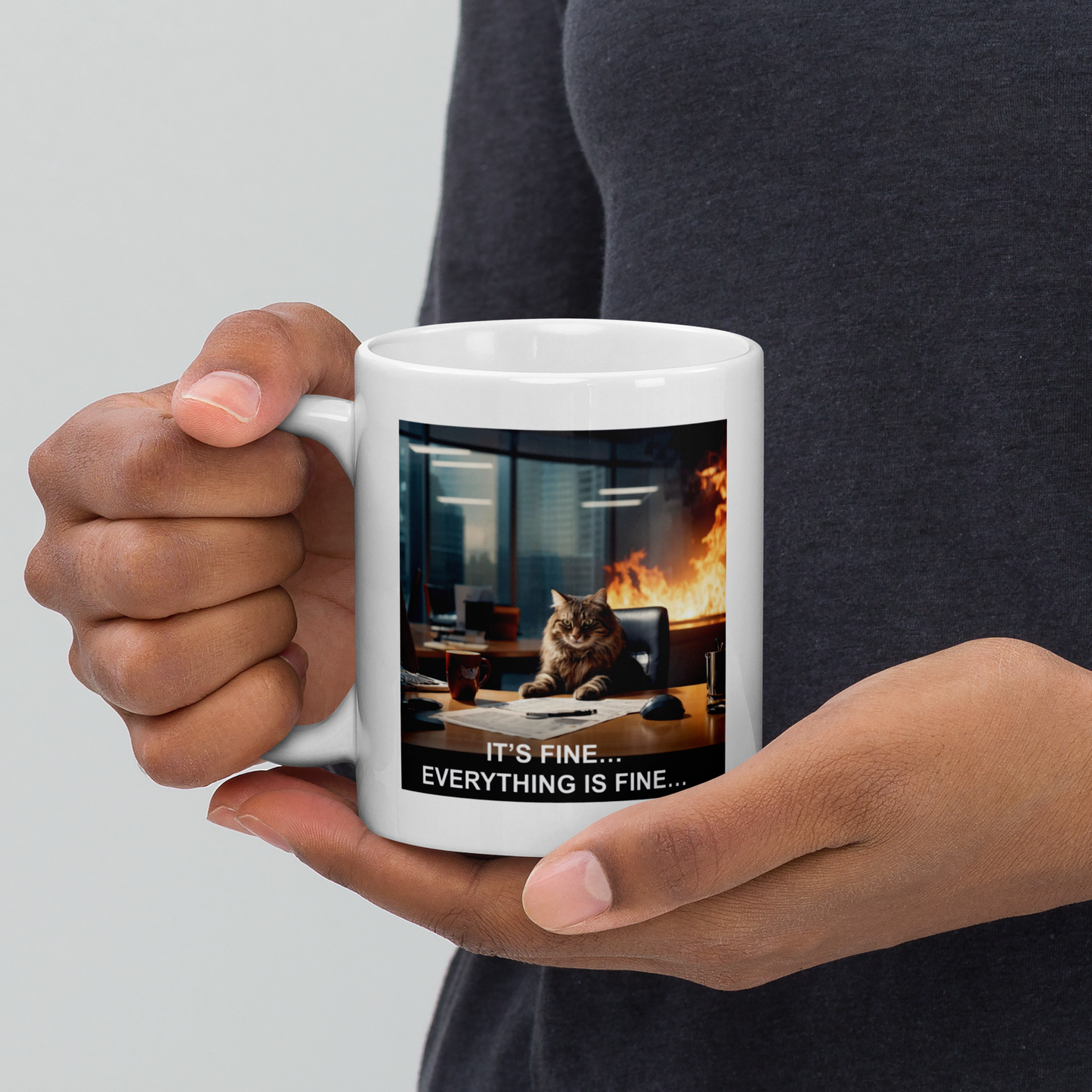 Person holding a mug with a cat in an office setting and text 'It's fine... Everything is fine...' - 11 oz