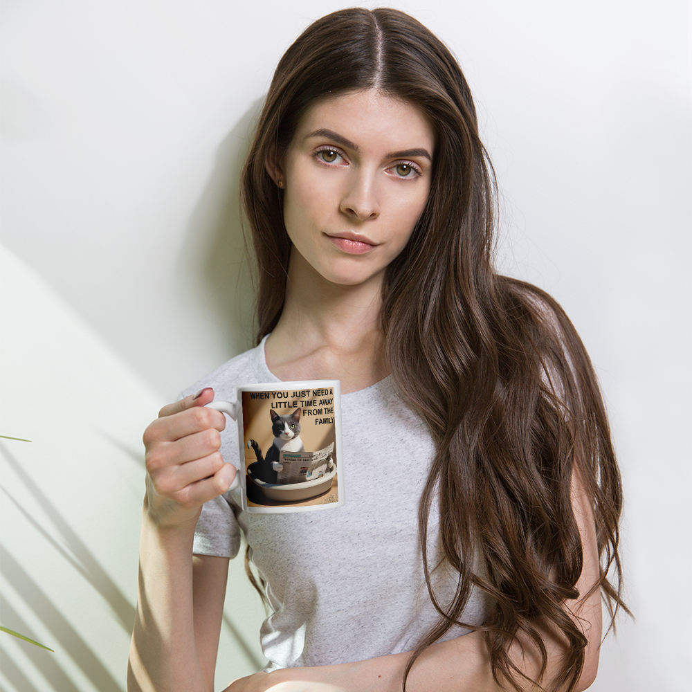 Woman holding a mug with a cat design and text on a white background - 11 oz
