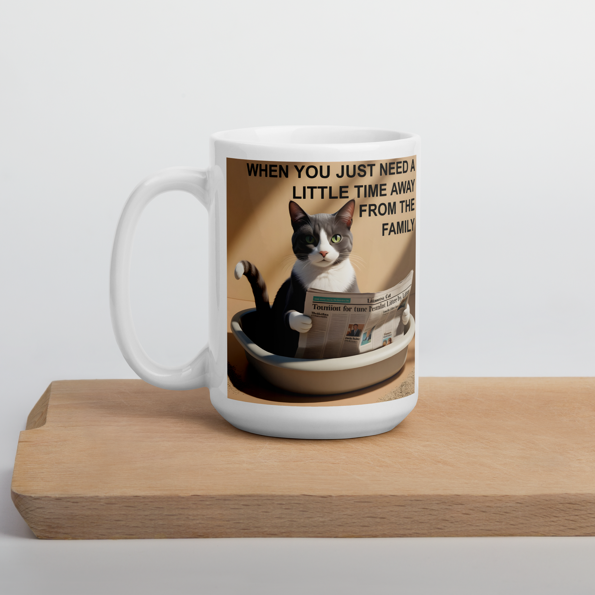 Mug with a cat graphic and text on a wooden surface - 15 oz
