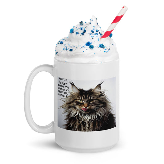 A mug with a cat meme about hairballs with whipped cream - 15 oz