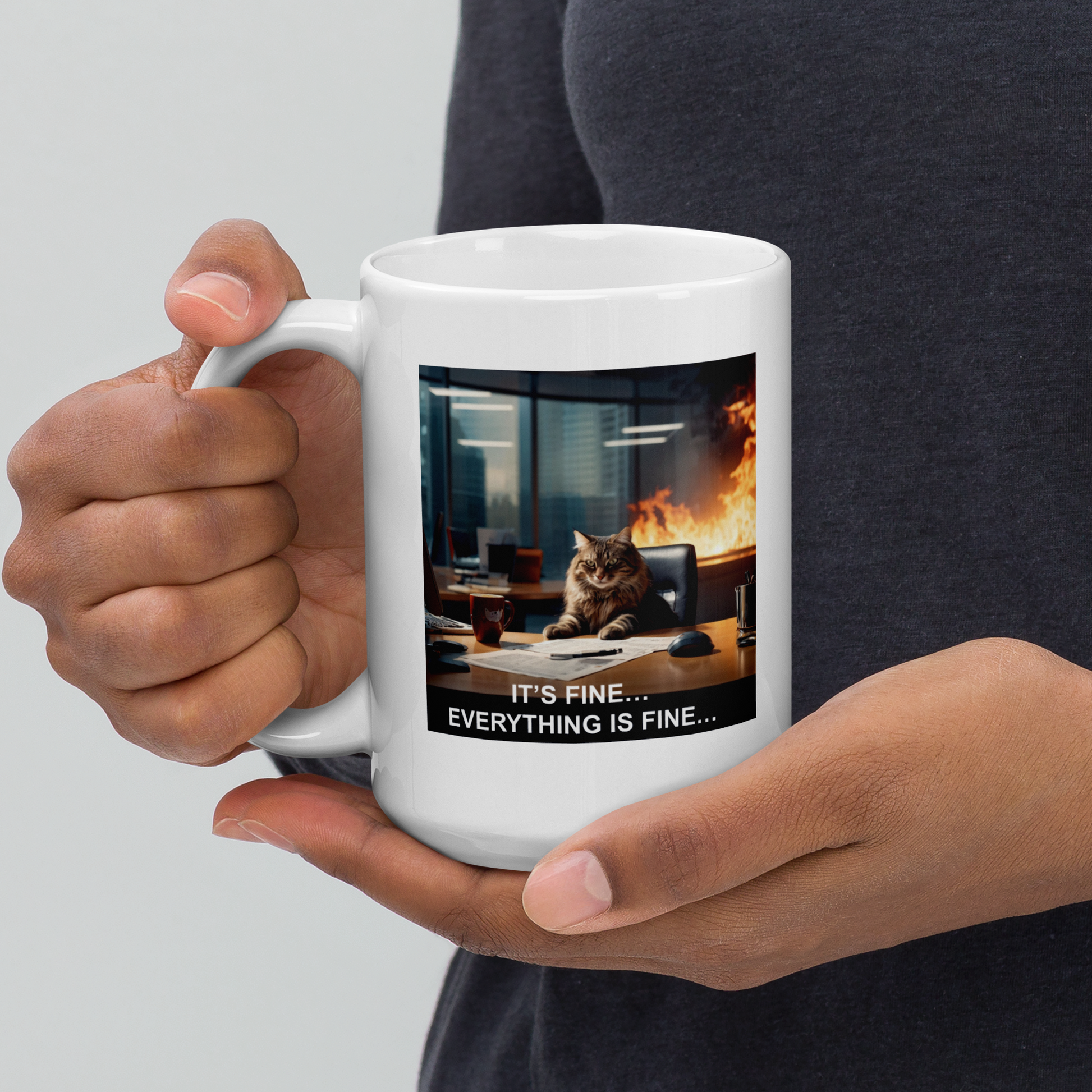 Person holding a white mug with a cat in an office fire scenario and text 'It's fine... Everything is fine...' - 15 oz